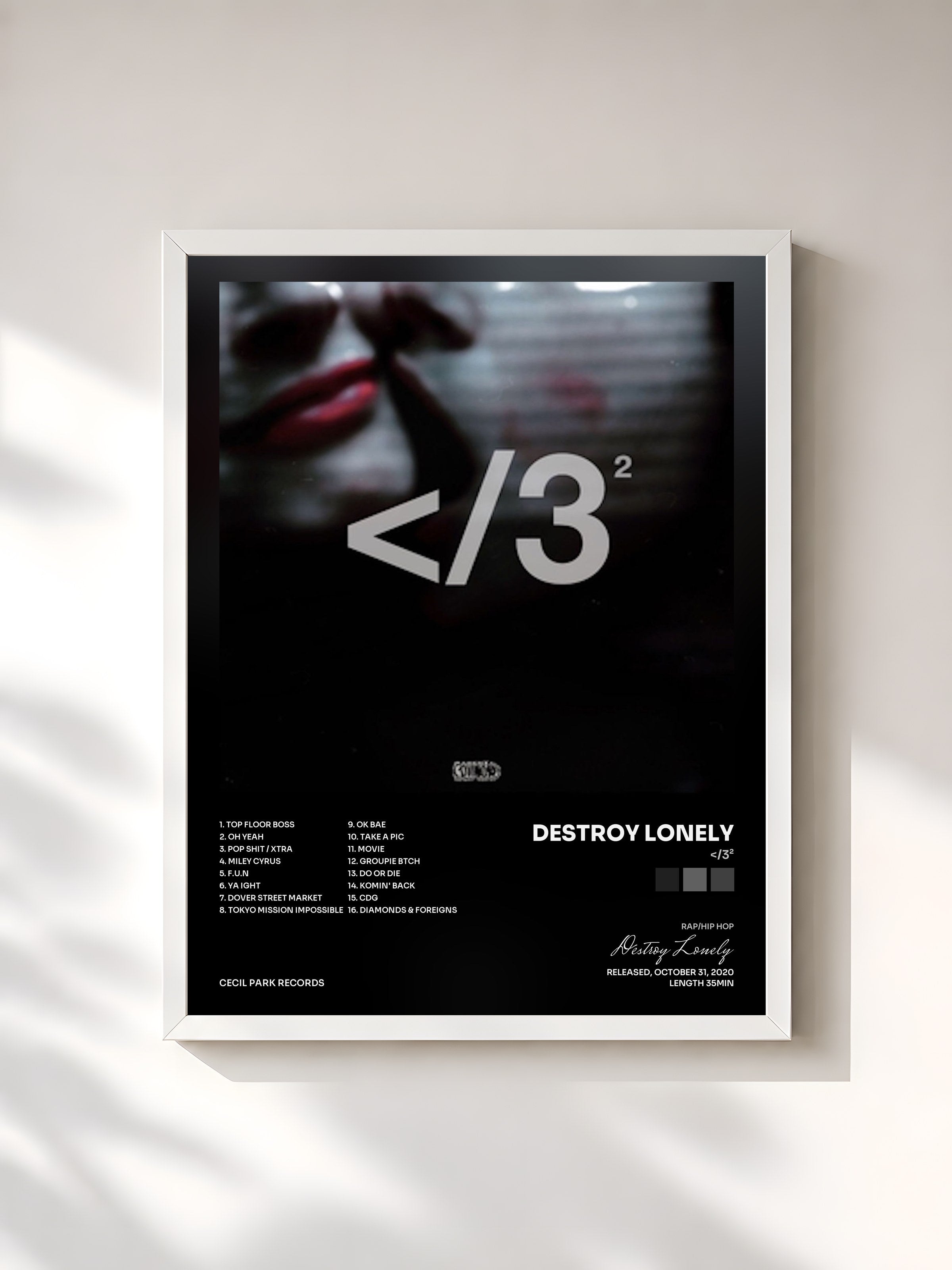 #blanc Tableau de l'album </3² de Destroy Lonely, cadre blanc, imprimé et encadré en France