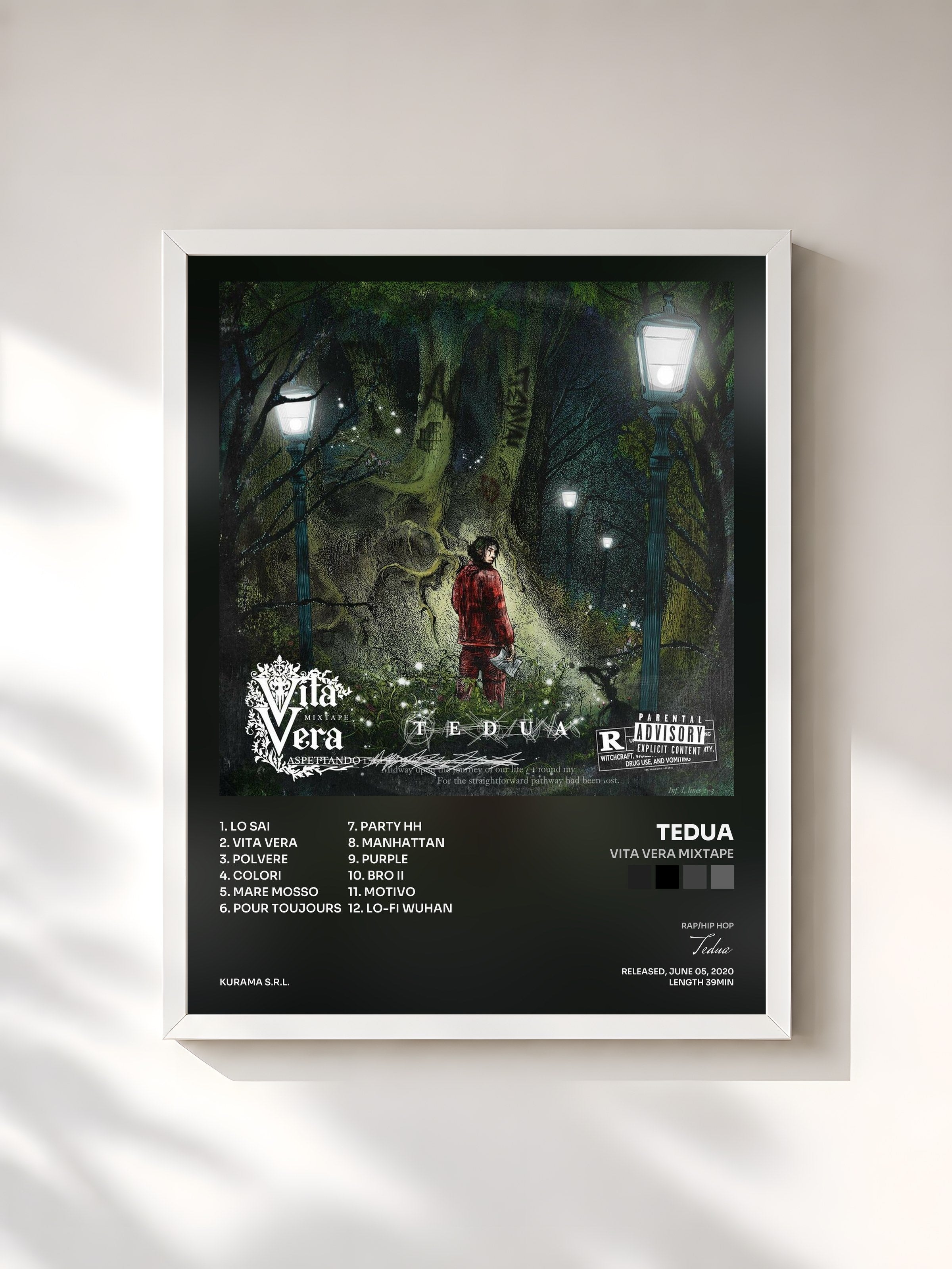 #blanc Tableau de l'album Vita Vera Mixtape de Tedua, cadre blanc, imprimé et encadré en France