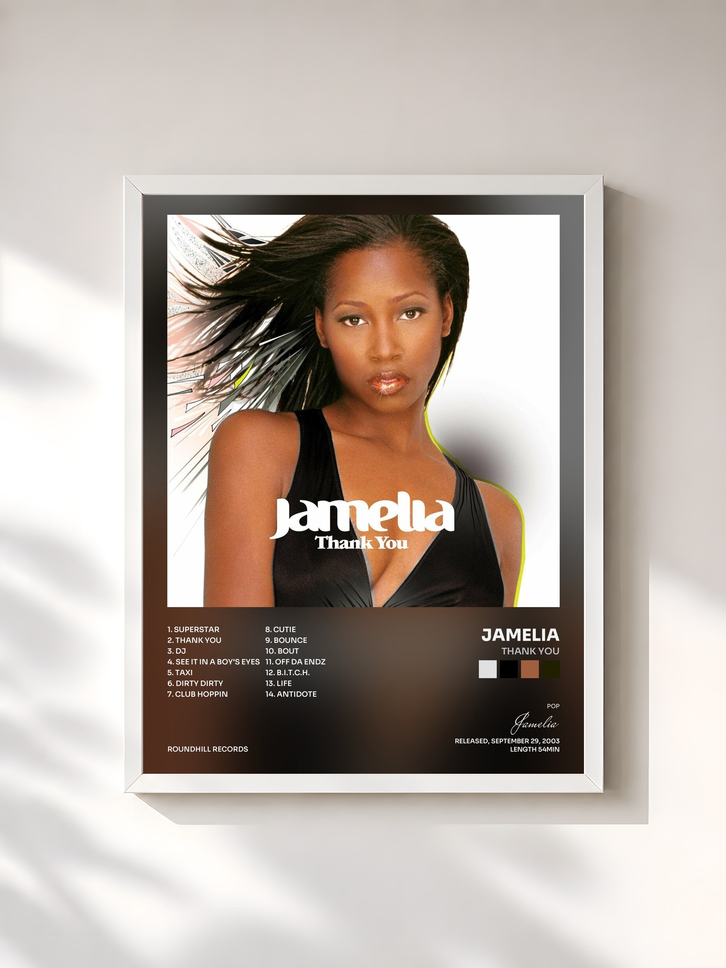 #blanc Tableau de l'album Thank You de Jamelia, cadre blanc, imprimé et encadré en France