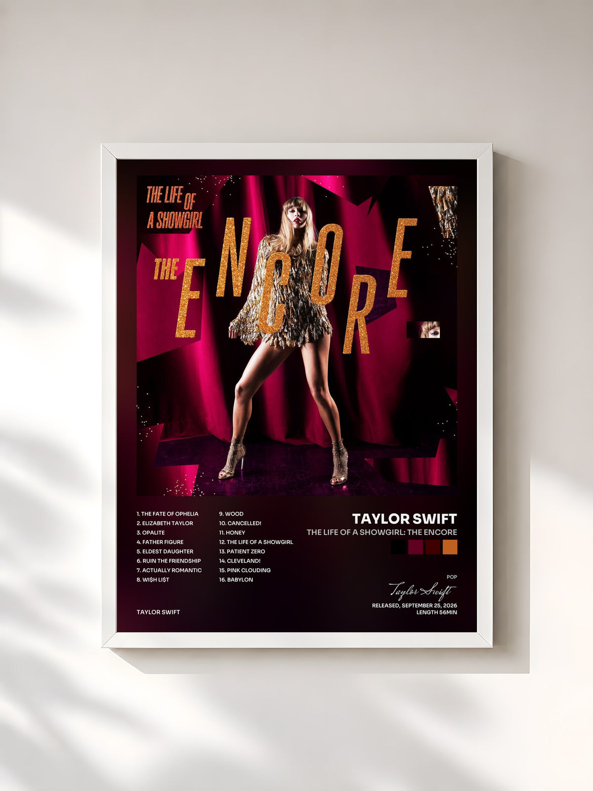 #blanc Tableau de l'album The Life of a Showgirl: The Encore de Taylor Swift, cadre blanc, imprimé et encadré en France