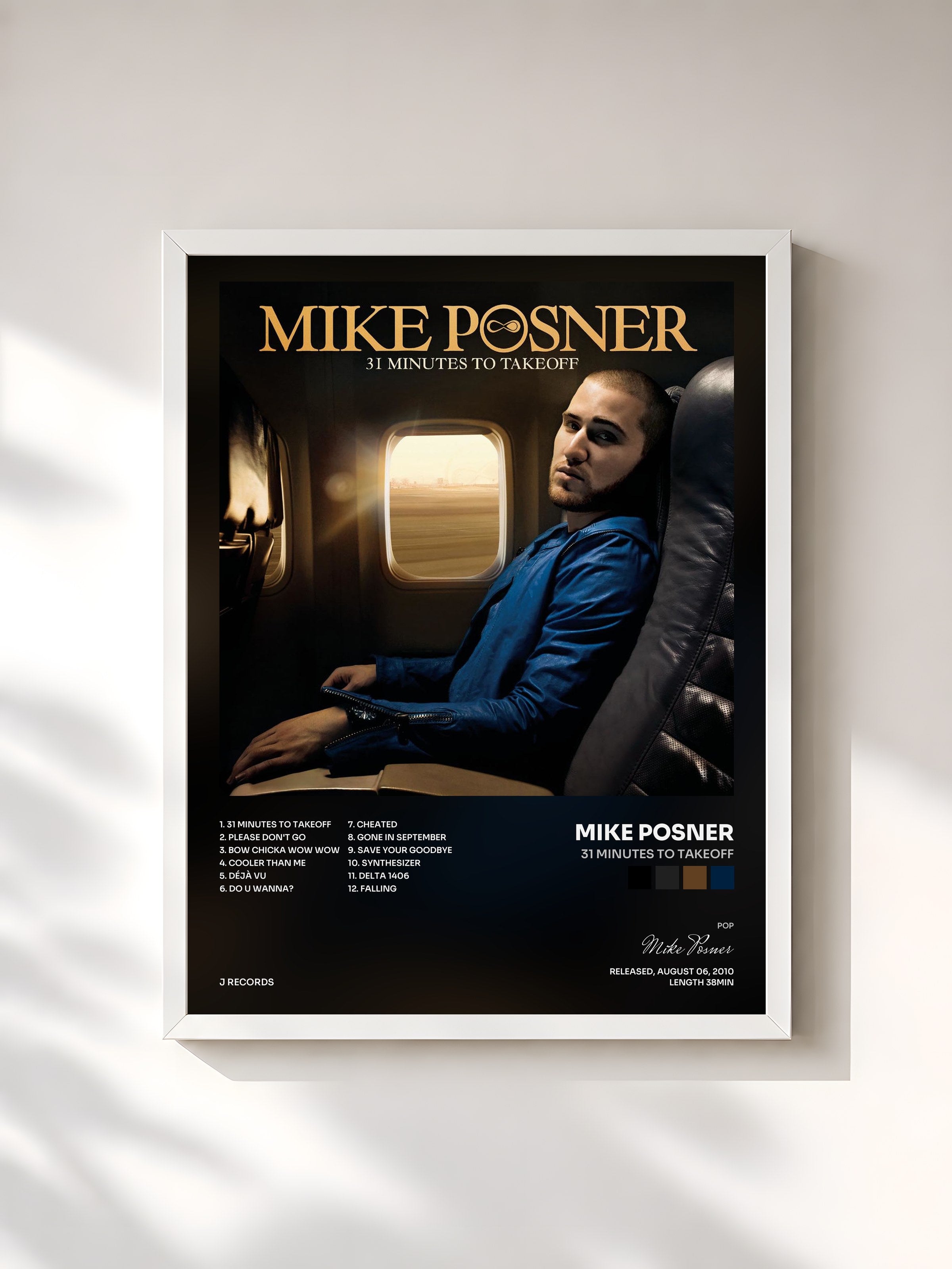 #blanc Tableau de l'album 31 Minutes to Takeoff de Mike Posner, cadre blanc, imprimé et encadré en France