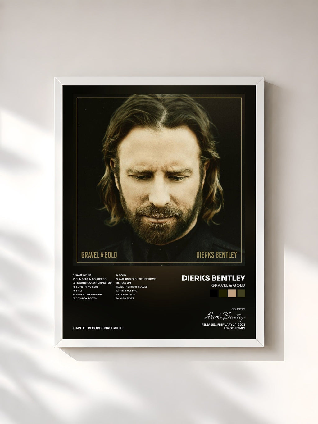 #blanc Tableau de l'album Gravel & Gold de Dierks Bentley, cadre blanc, imprimé et encadré en France