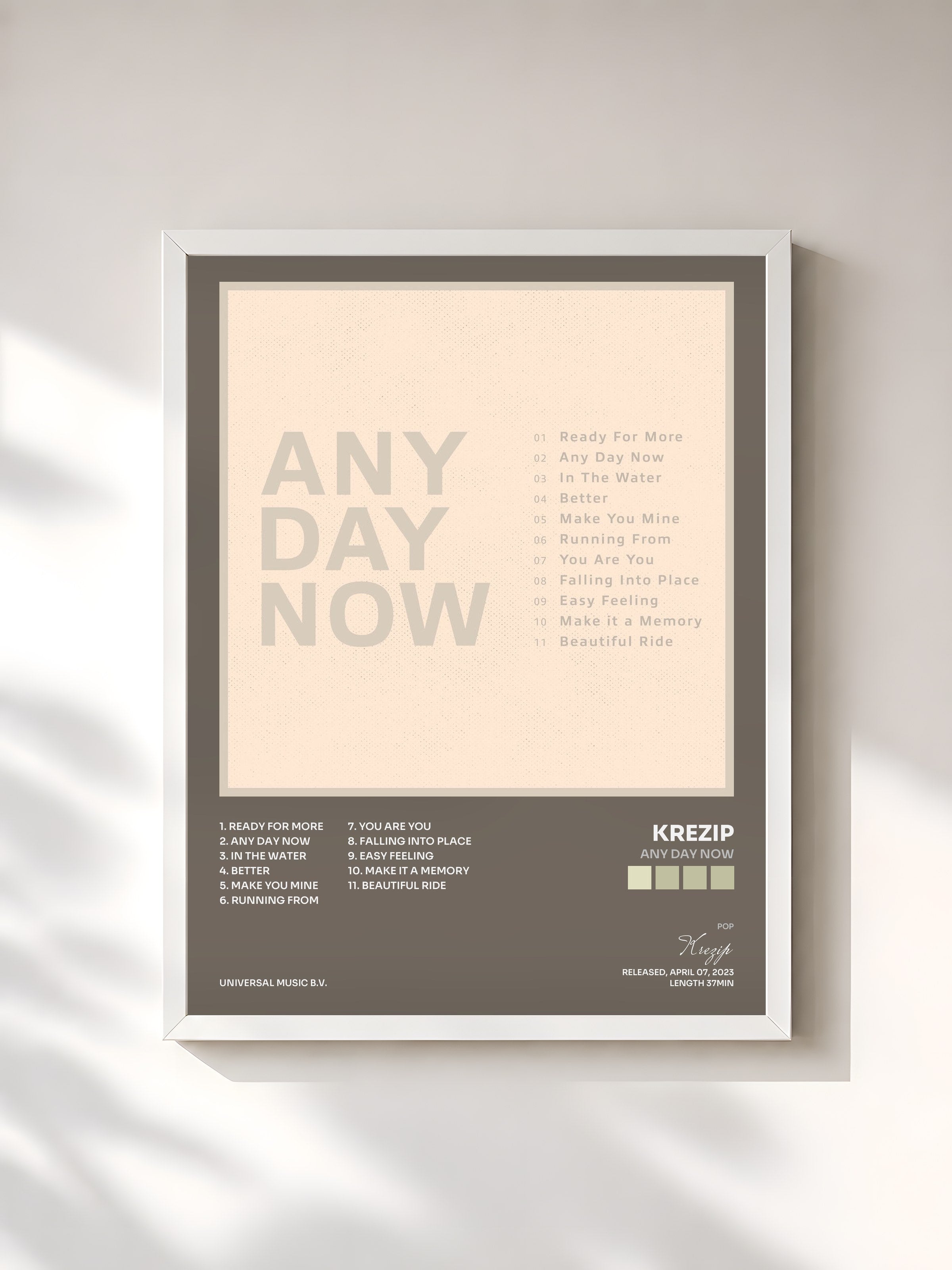#blanc Tableau de l'album Any Day Now de Krezip, cadre blanc, imprimé et encadré en France