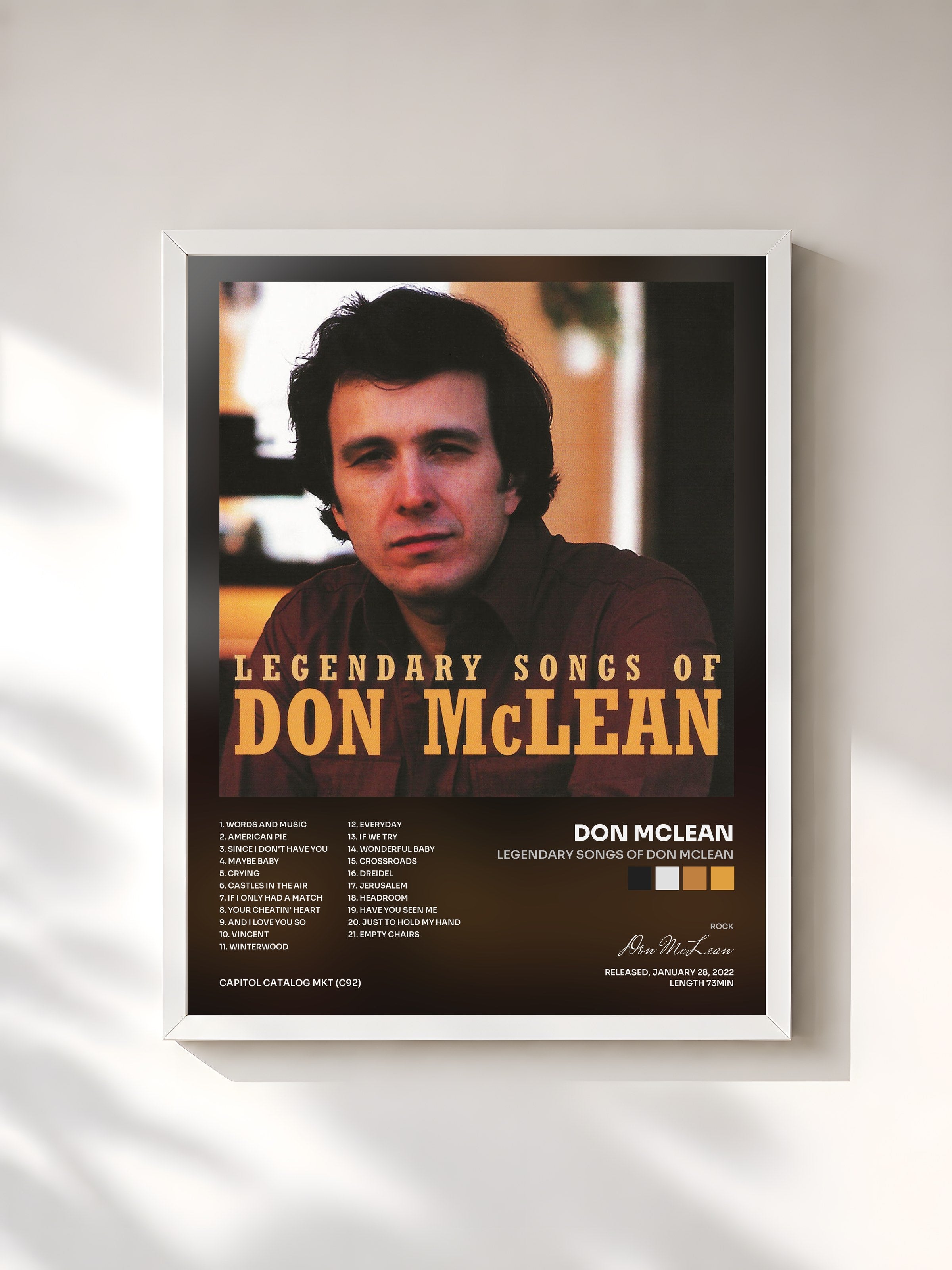 #blanc Tableau de l'album Legendary Songs Of Don McLean de Don McLean, cadre blanc, imprimé et encadré en France