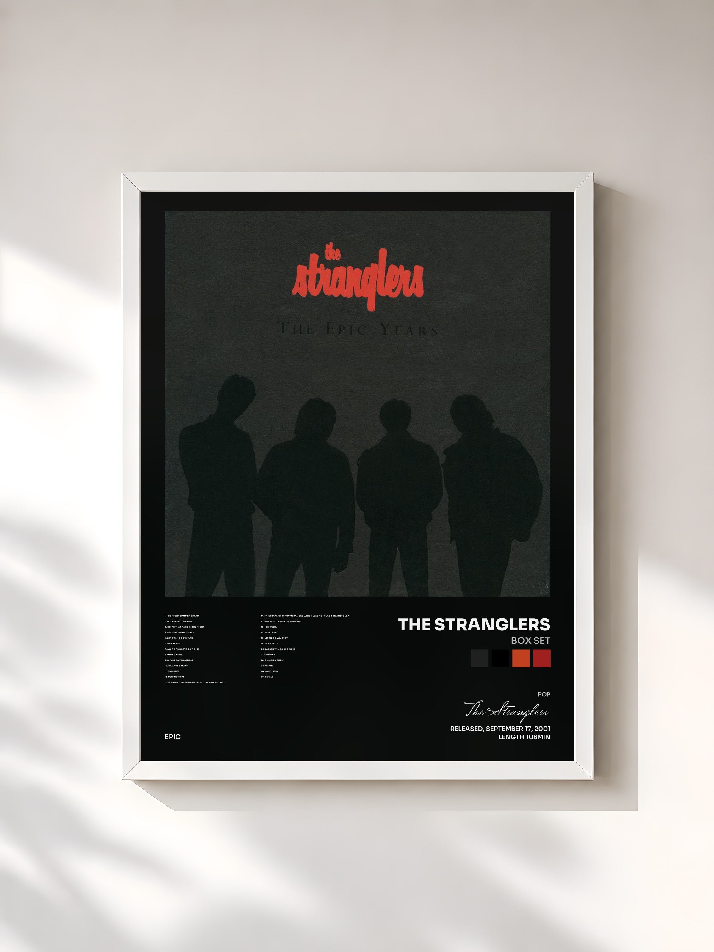 #blanc Tableau de l'album Box Set de The Stranglers, cadre blanc, imprimé et encadré en France