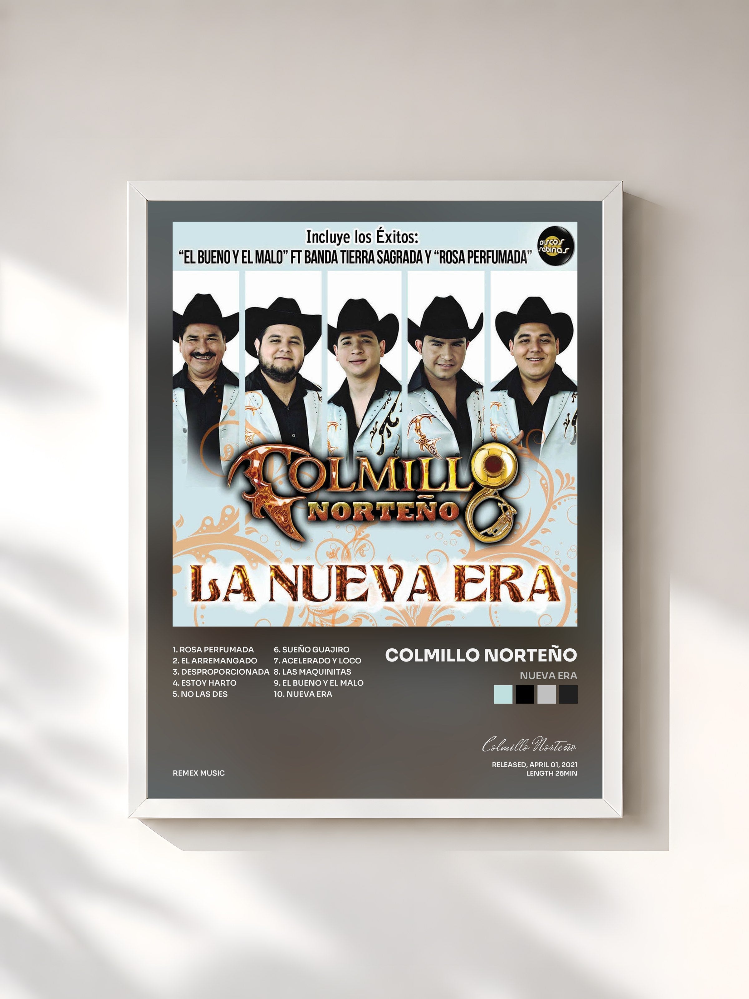 #blanc Tableau de l'album Nueva Era de Colmillo Norteño, cadre blanc, imprimé et encadré en France