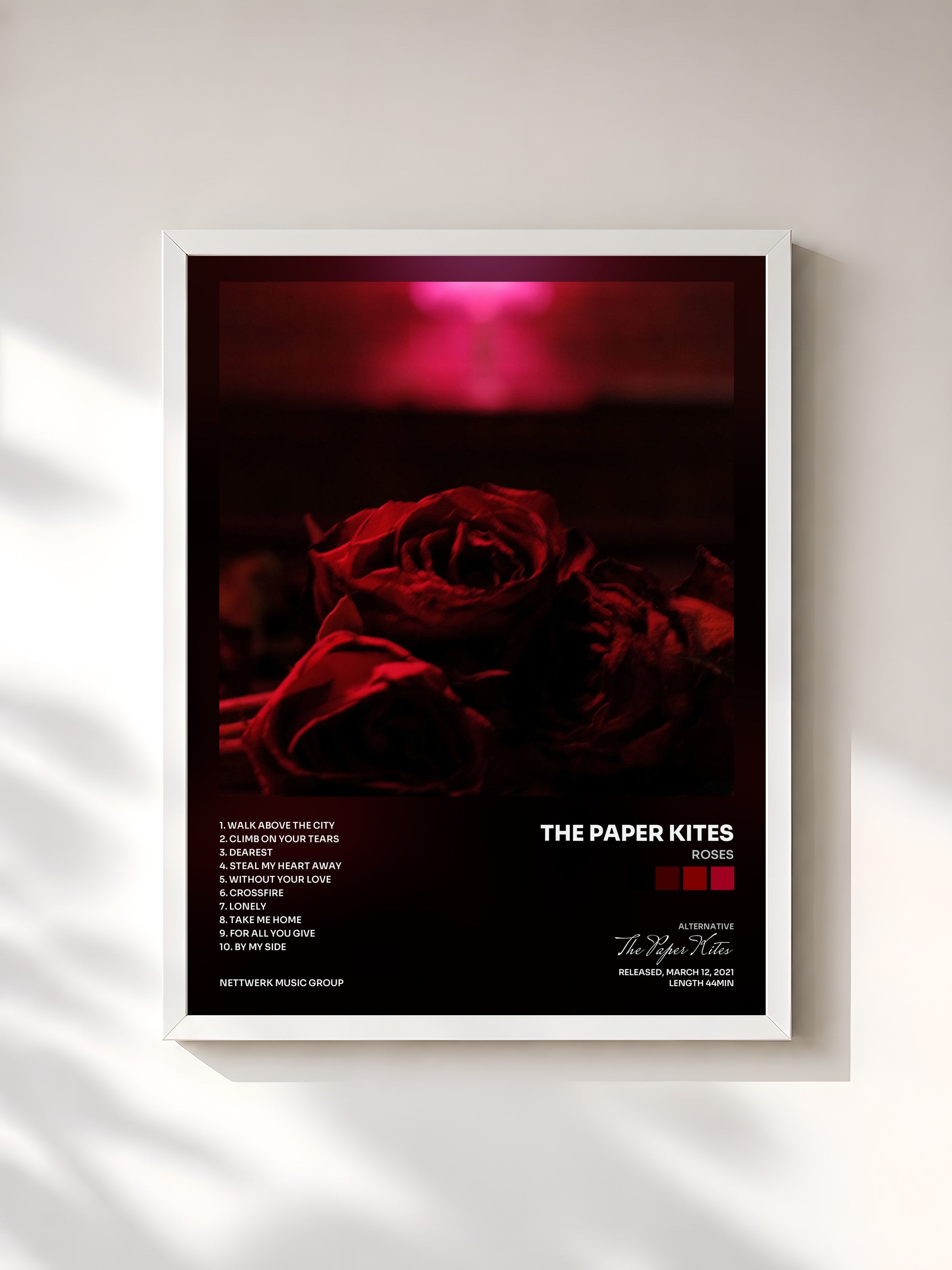 #blanc Tableau de l'album Roses de The Paper Kites, cadre blanc, imprimé et encadré en France