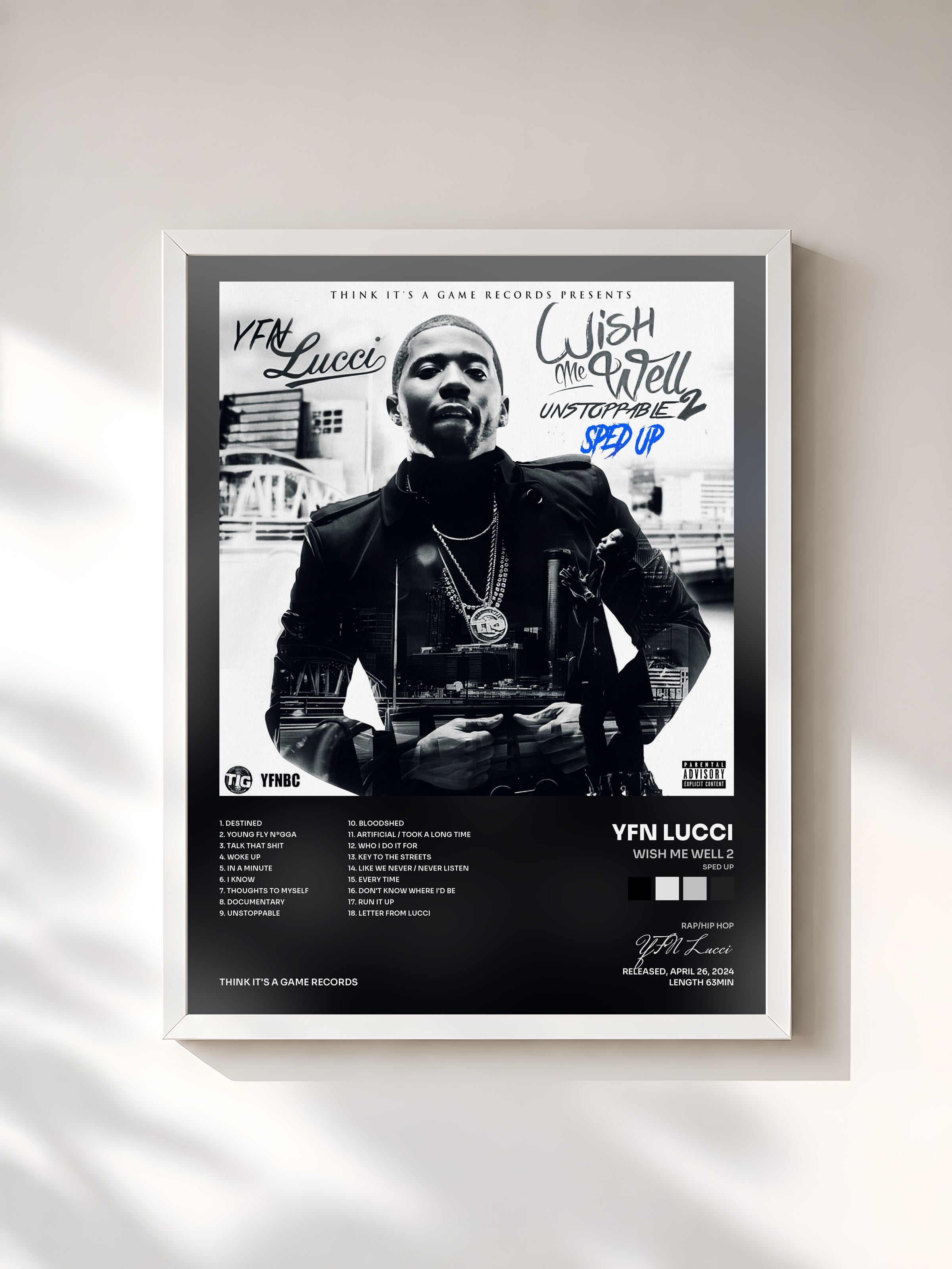 #blanc Tableau de l'album Wish Me Well 2 (Sped Up) de YFN Lucci, cadre blanc, imprimé et encadré en France