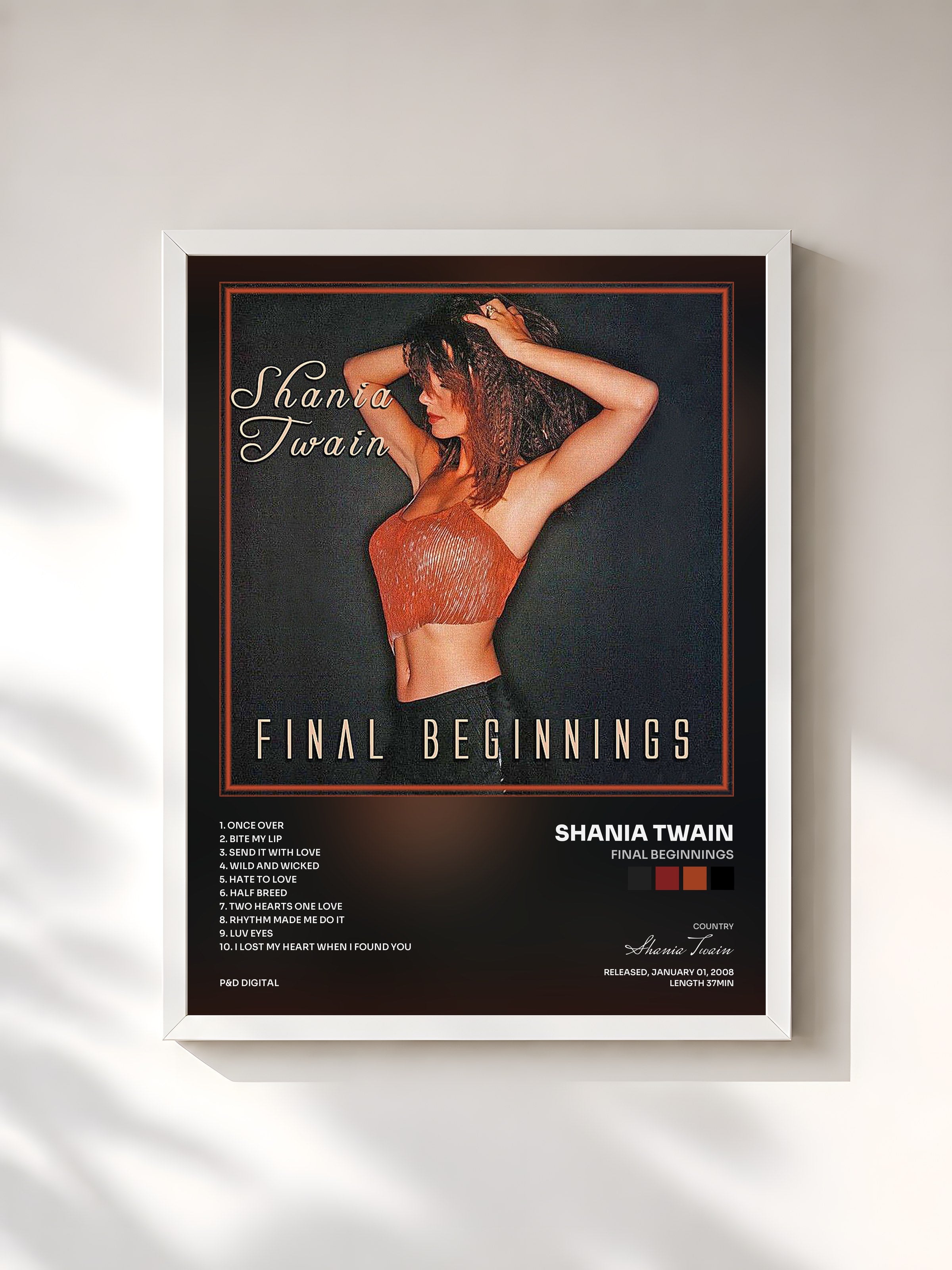 #blanc Tableau de l'album Final Beginnings de Shania Twain, cadre blanc, imprimé et encadré en France