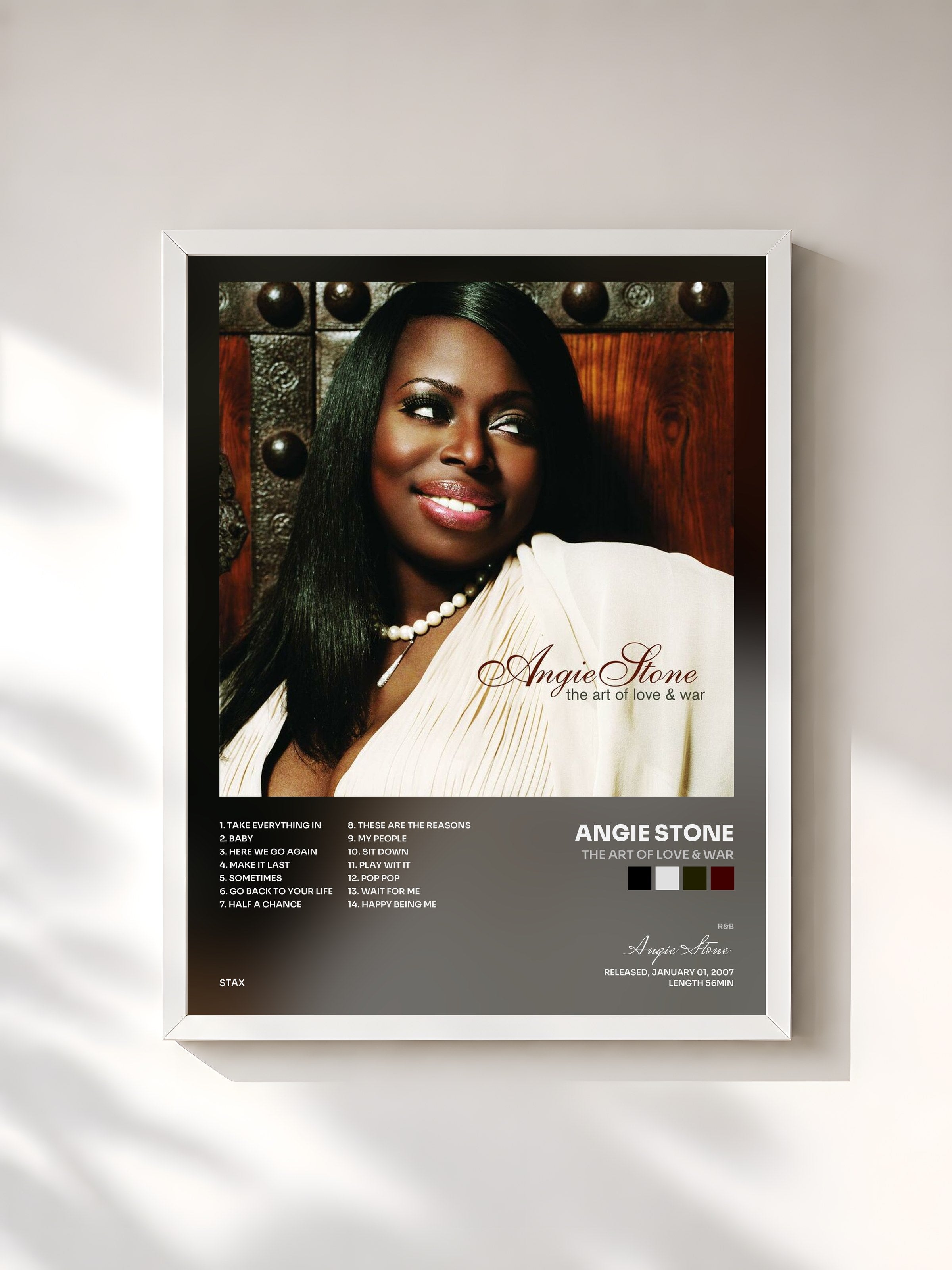 #blanc Tableau de l'album The Art of Love & War de Angie Stone, cadre blanc, imprimé et encadré en France