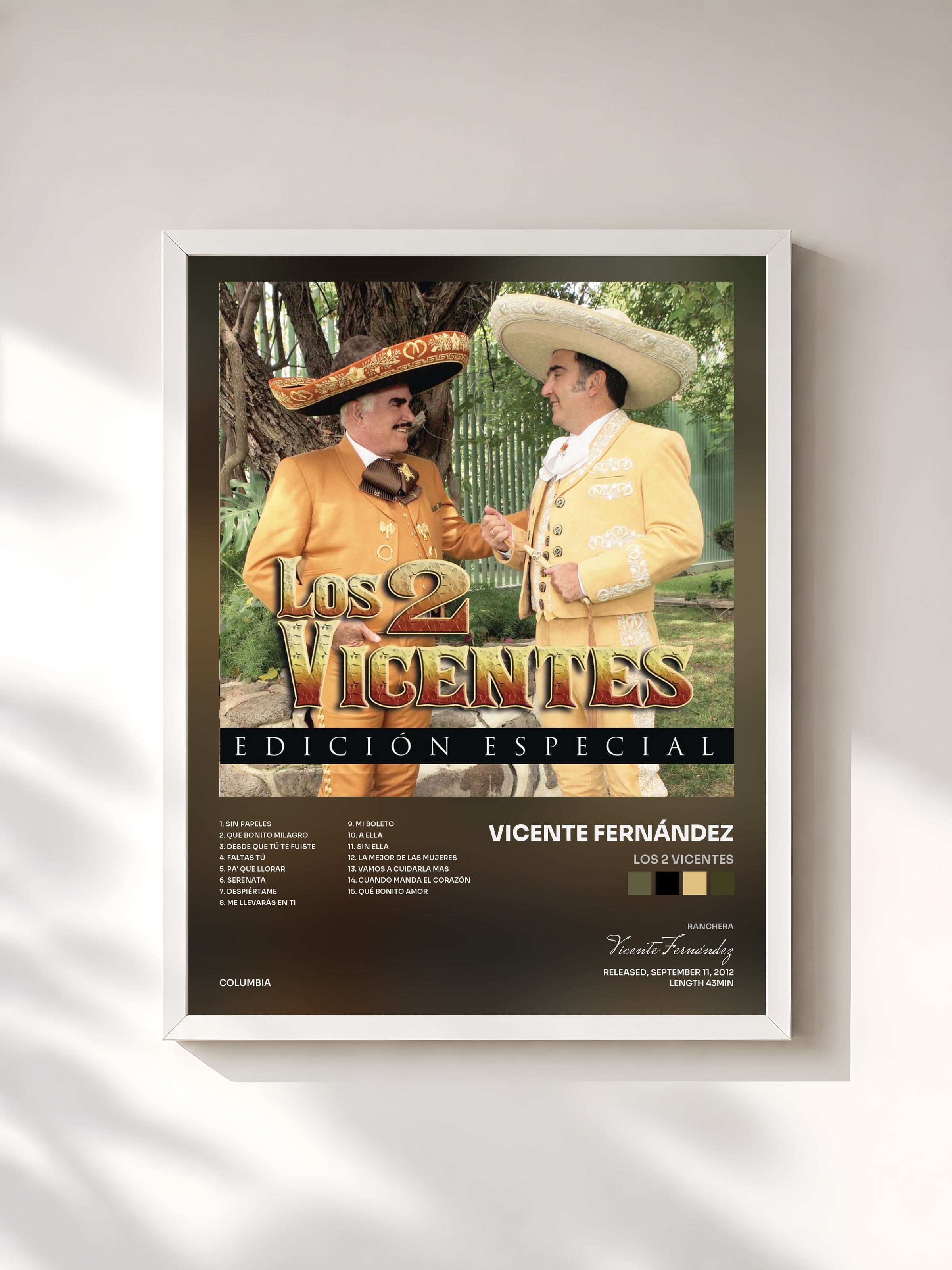 #blanc Tableau de l'album Los 2 Vicentes de Vicente Fernández, cadre blanc, imprimé et encadré en France