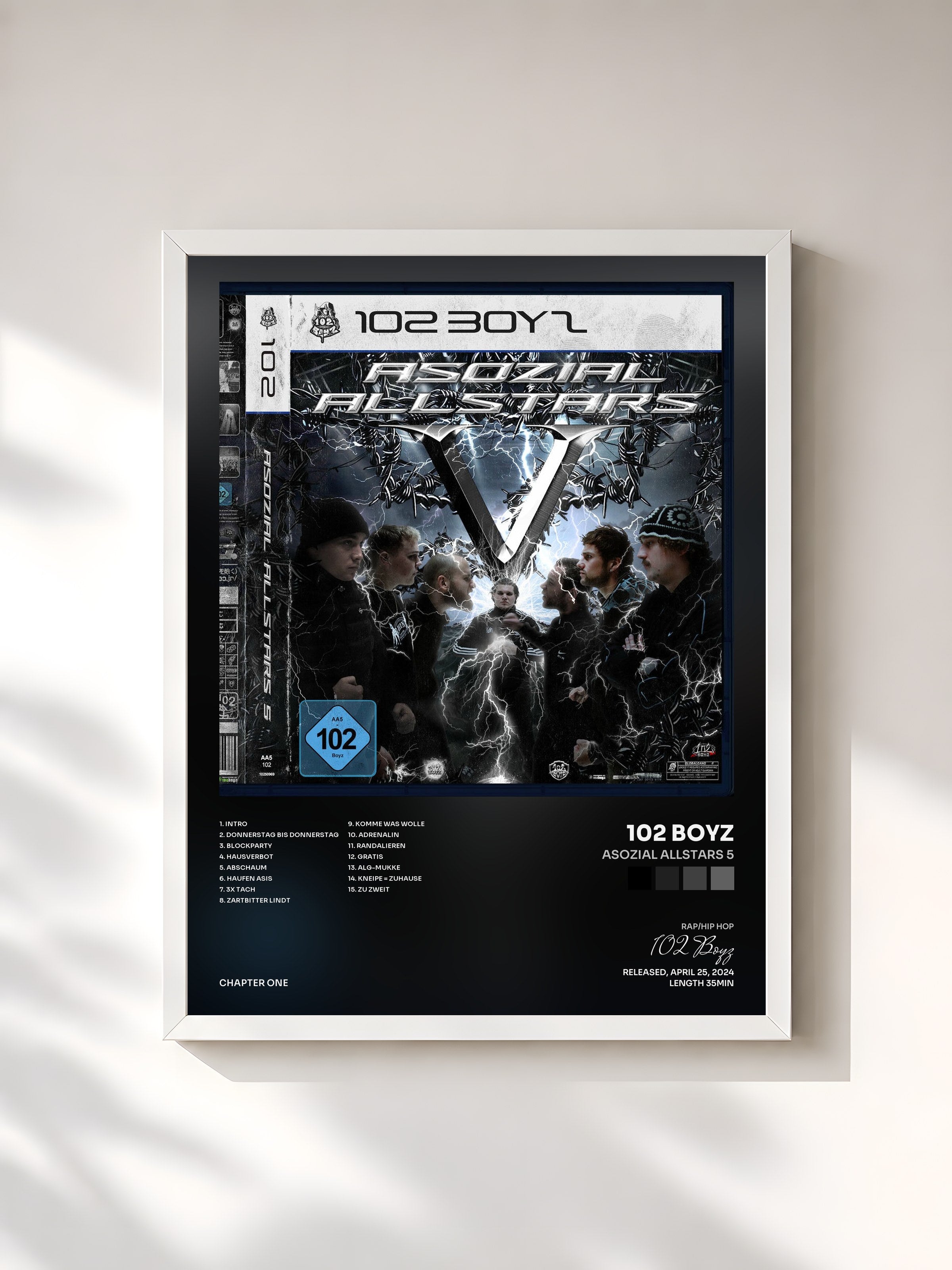 #blanc Tableau de l'album Asozial Allstars 5 de 102 Boyz, cadre blanc, imprimé et encadré en France