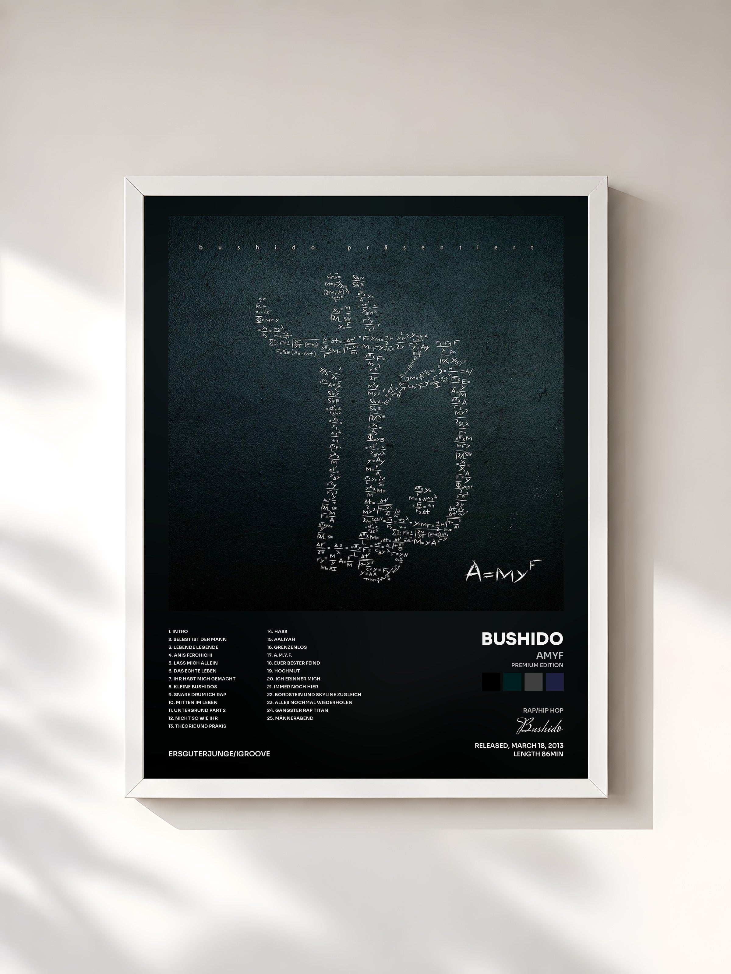 #blanc Tableau de l'album AMYF (Premium Edition) de Bushido, cadre blanc, imprimé et encadré en France