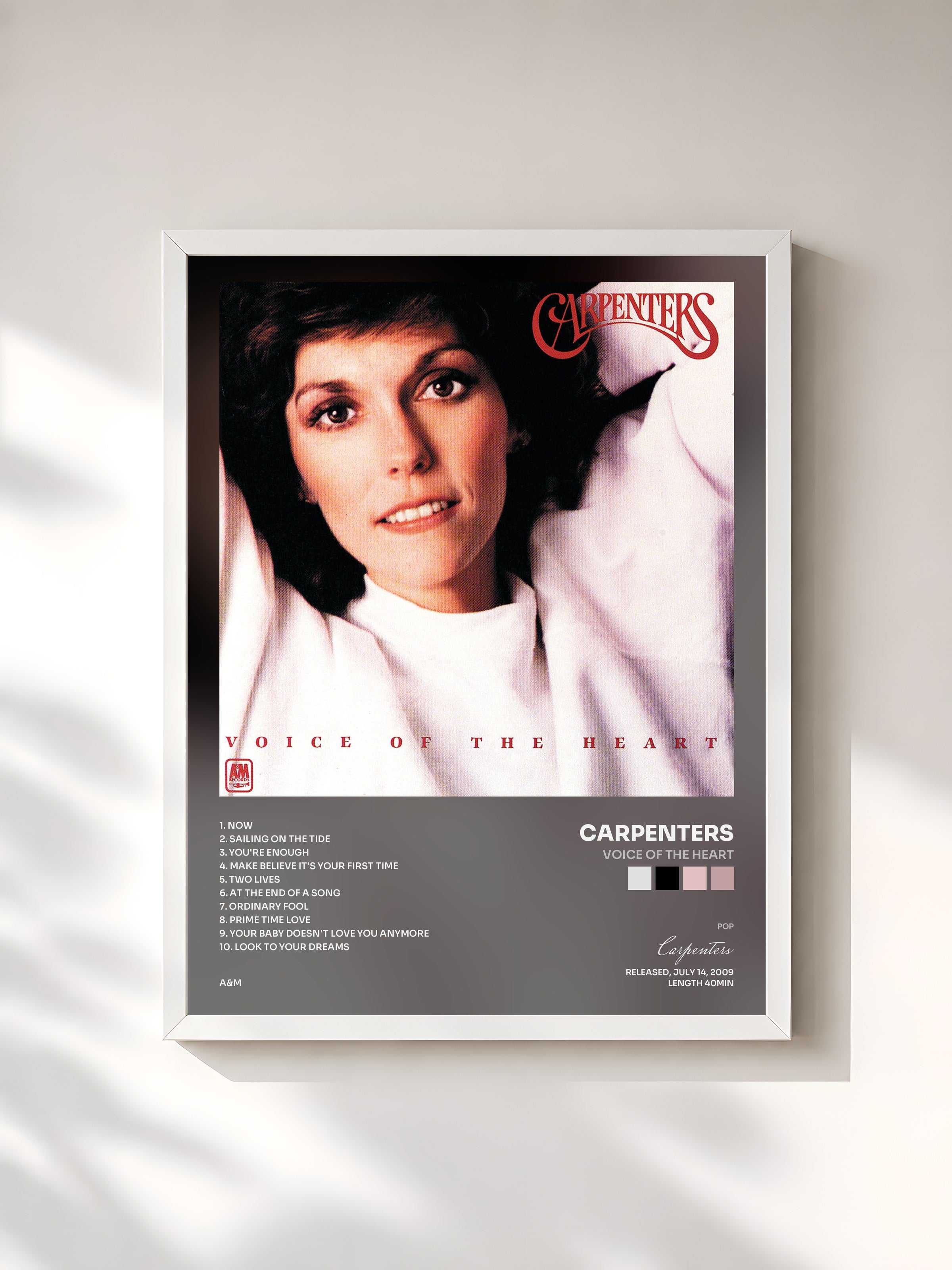 #blanc Tableau de l'album Voice Of The Heart de Carpenters, cadre blanc, imprimé et encadré en France