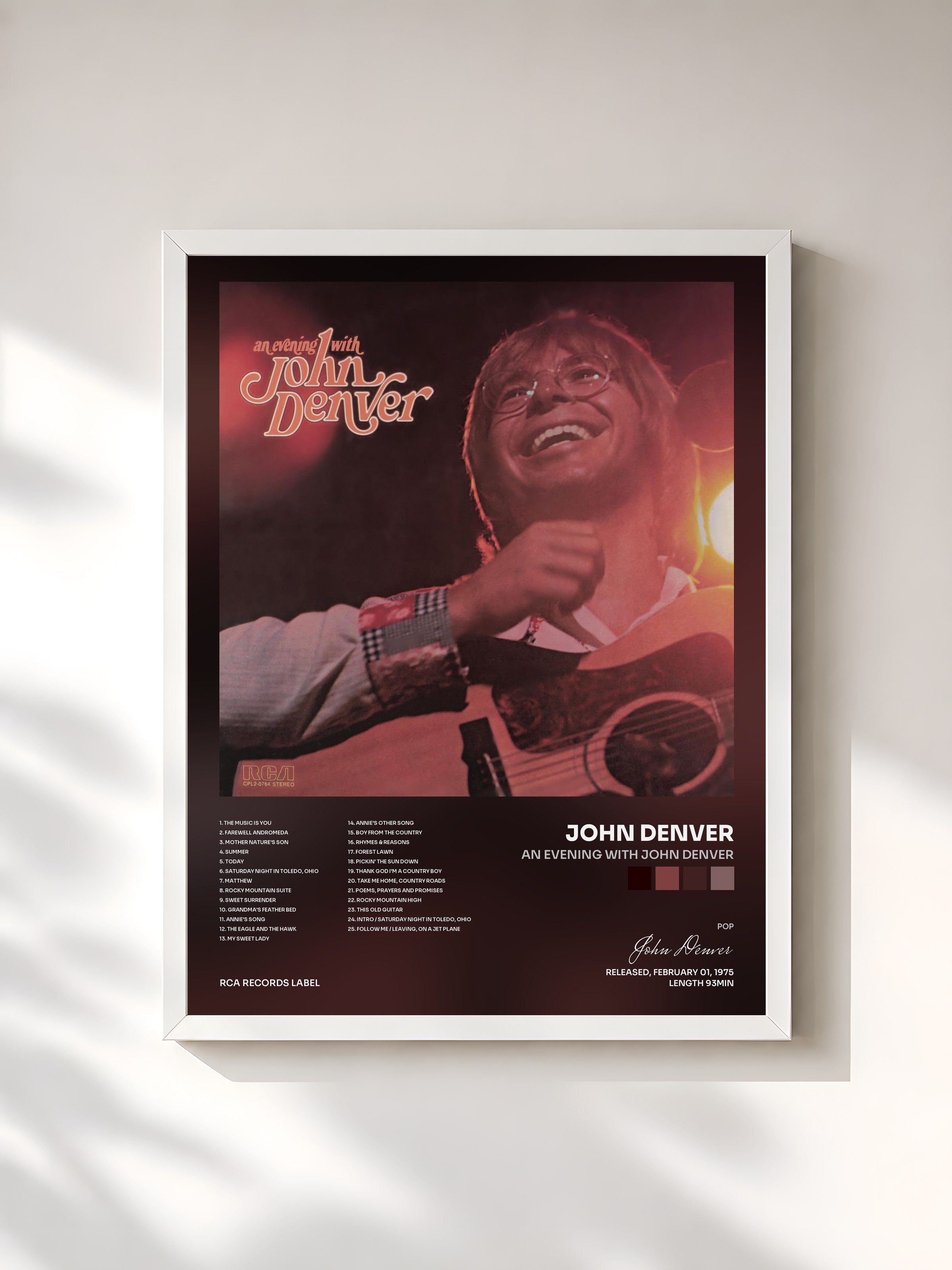 #blanc Tableau de l'album An Evening With John Denver de John Denver, cadre blanc, imprimé et encadré en France