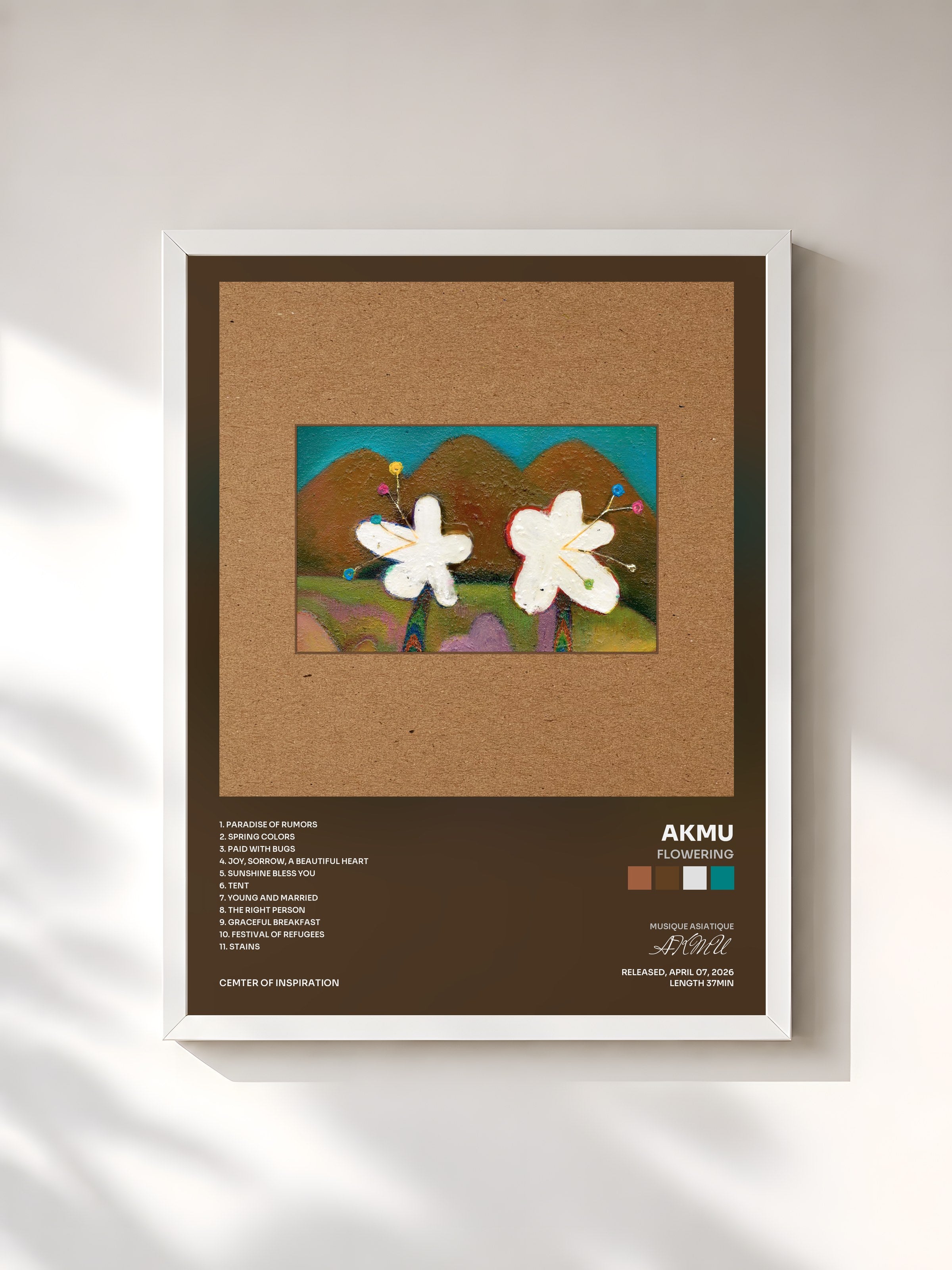 #blanc Tableau de l'album FLOWERING de AKMU, cadre blanc, imprimé et encadré en France