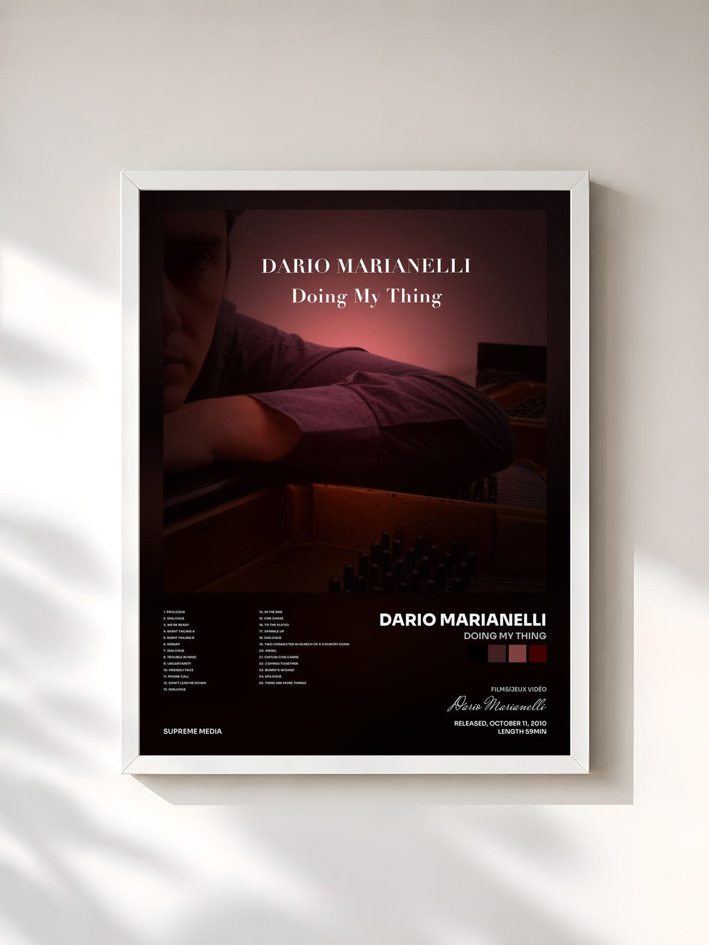 #blanc Tableau de l'album Doing My Thing de Dario Marianelli, cadre blanc, imprimé et encadré en France