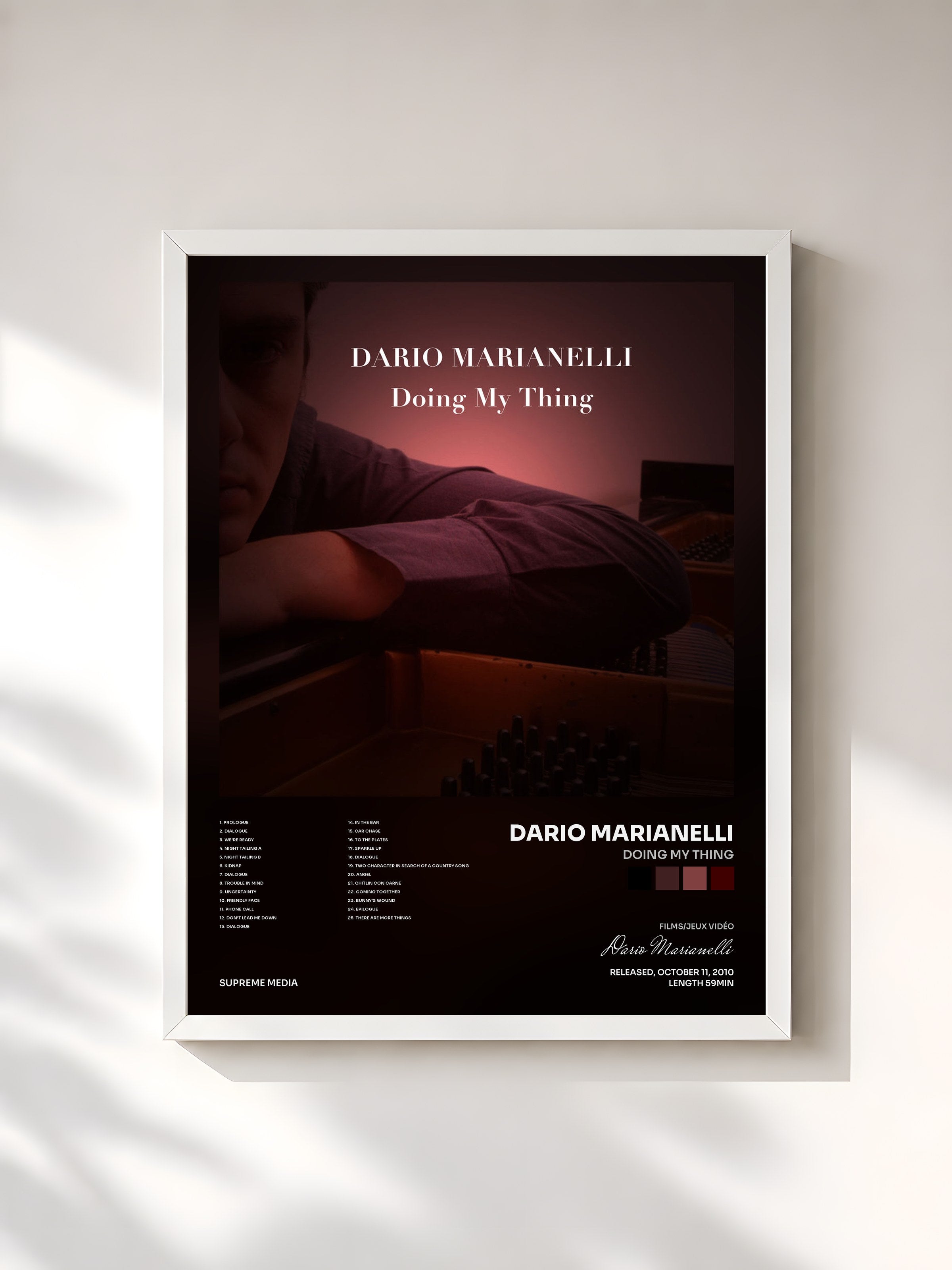 #blanc Tableau de l'album Doing My Thing de Dario Marianelli, cadre blanc, imprimé et encadré en France