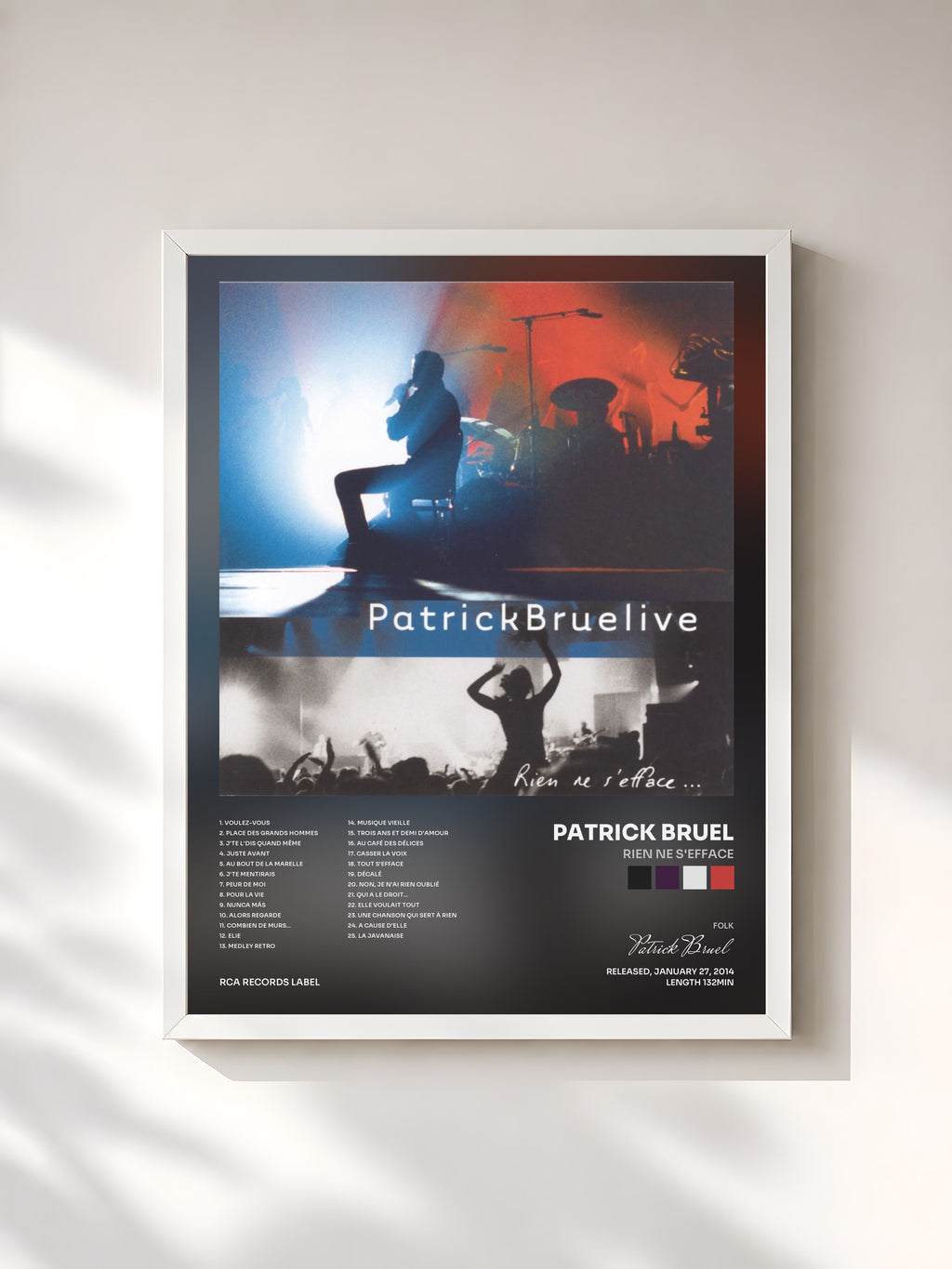 #blanc Tableau de l'album Rien ne s'efface de Patrick Bruel, cadre blanc, imprimé et encadré en France