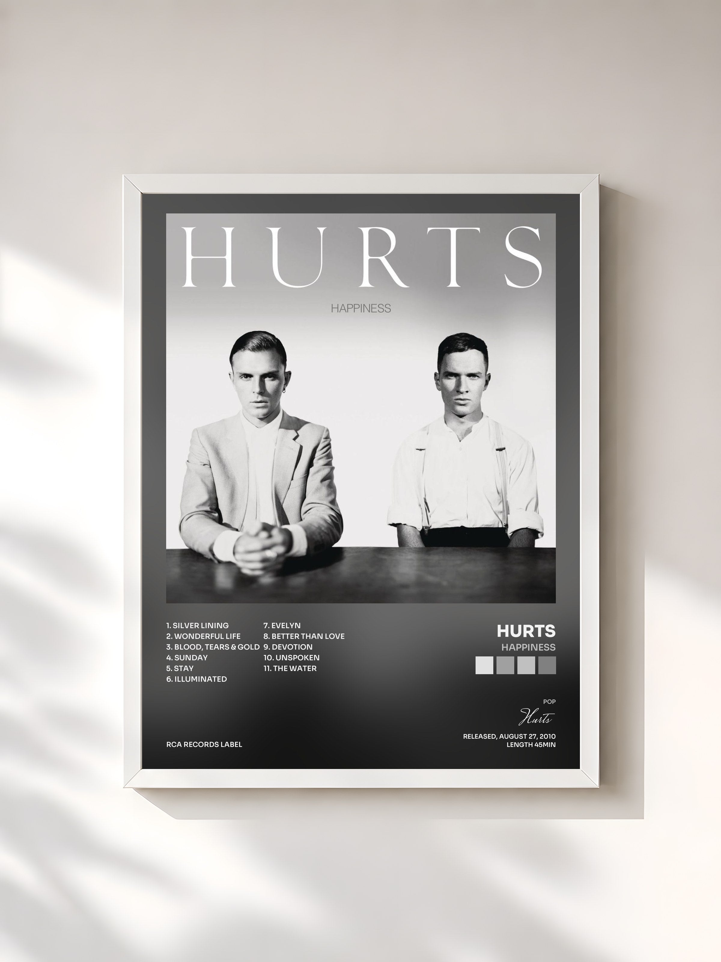 #blanc Tableau de l'album Happiness de Hurts, cadre blanc, imprimé et encadré en France