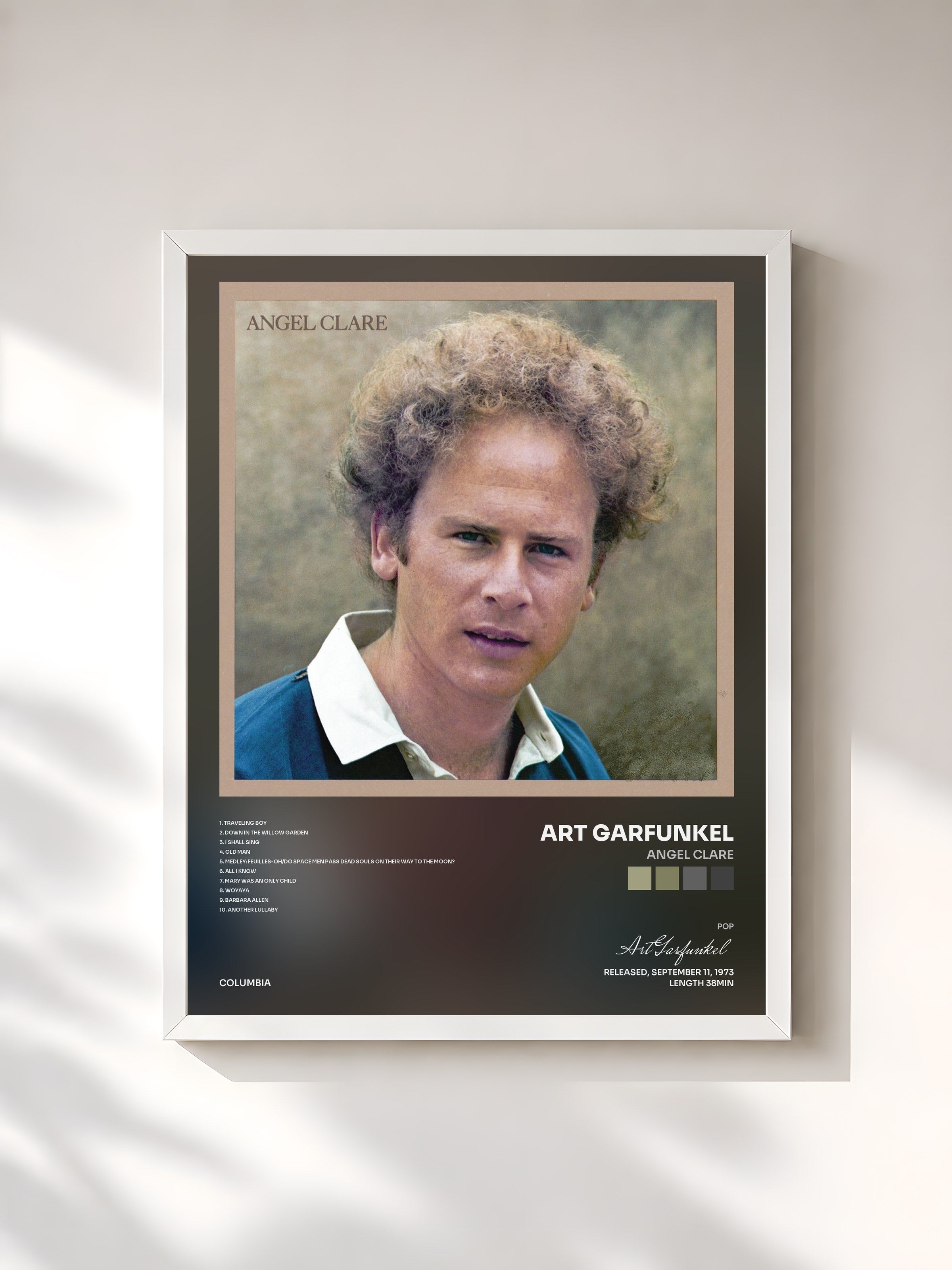 #blanc Tableau de l'album Angel Clare de Art Garfunkel, cadre blanc, imprimé et encadré en France