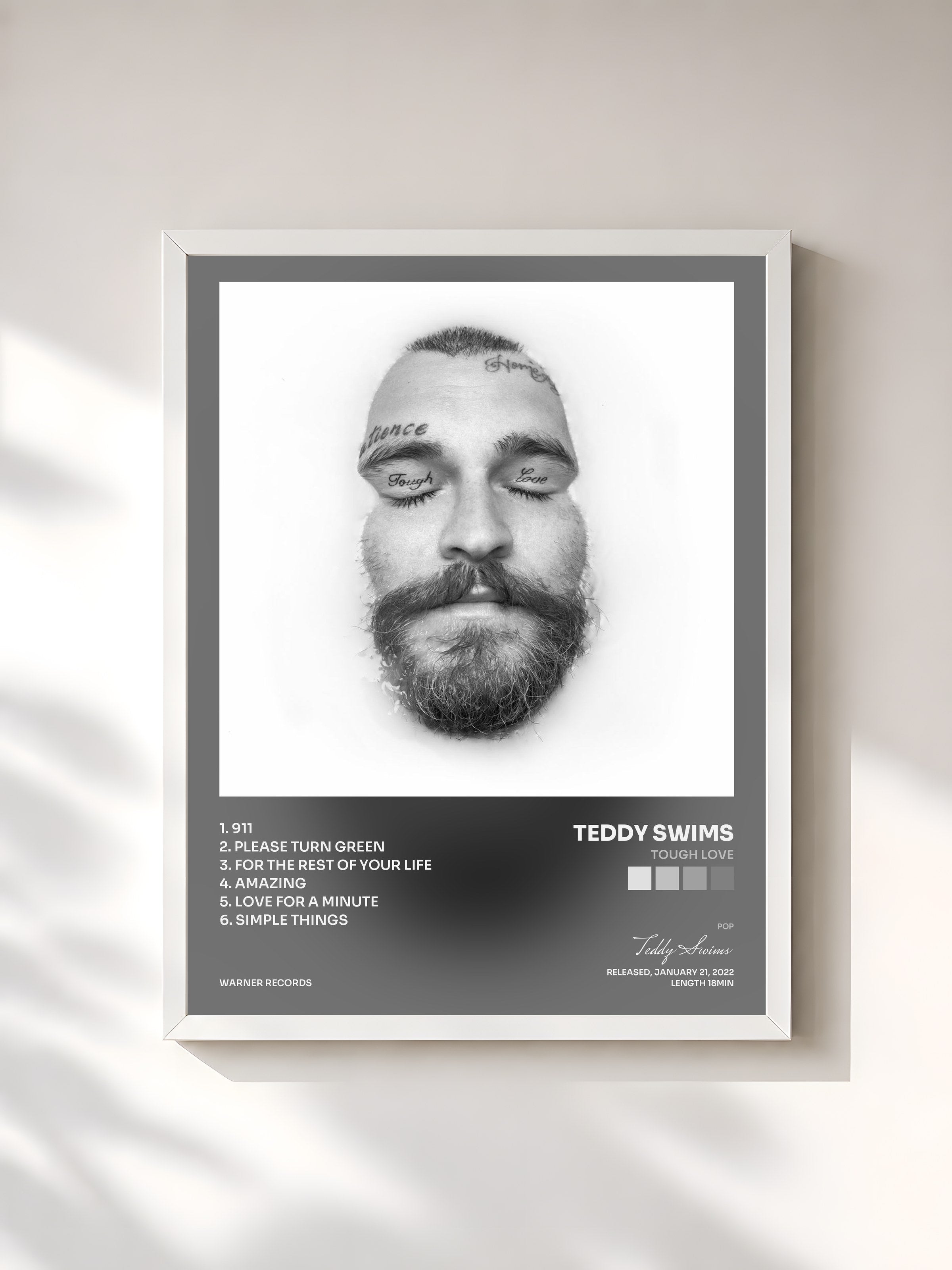 #blanc Tableau de l'album Tough Love de Teddy Swims, cadre blanc, imprimé et encadré en France