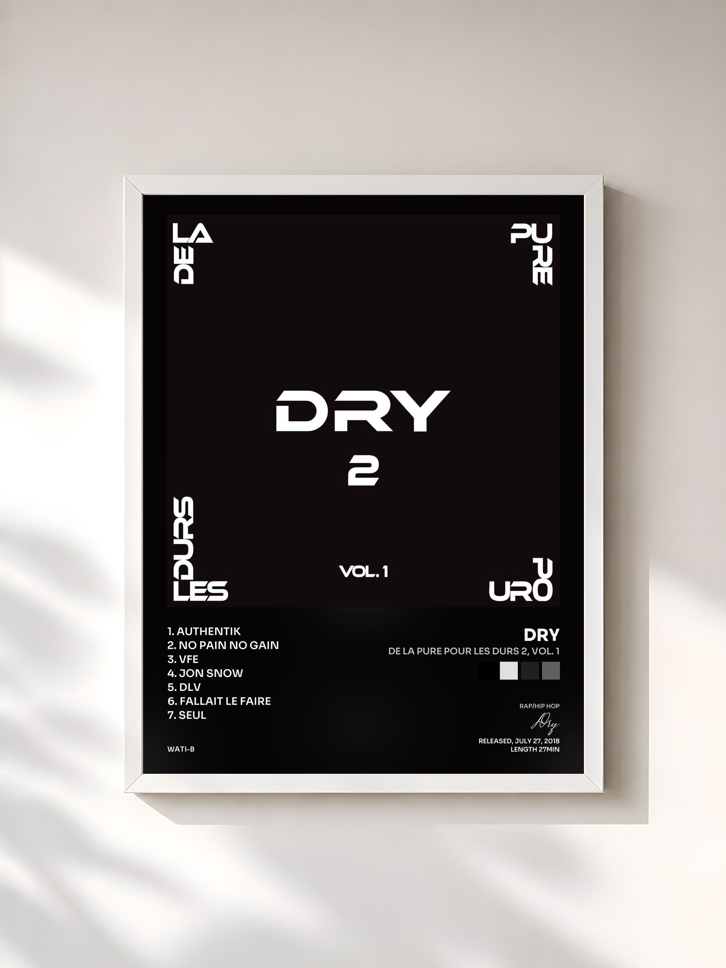 #blanc Tableau de l'album De la pure pour les durs 2, Vol. 1 de Dry, cadre blanc, imprimé et encadré en France