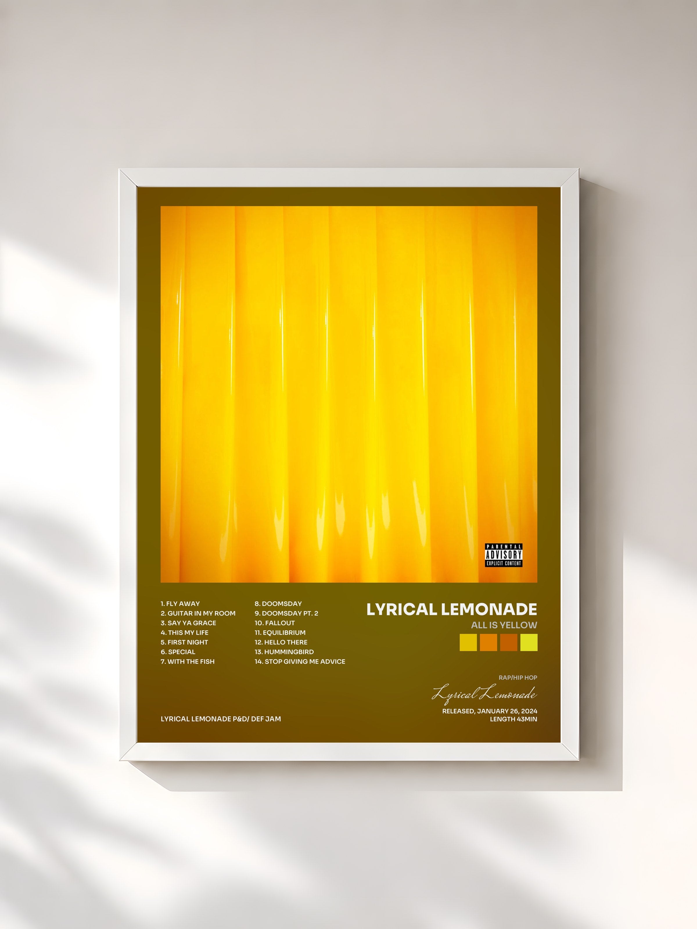 #blanc Tableau de l'album All Is Yellow de Lyrical Lemonade, cadre blanc, imprimé et encadré en France
