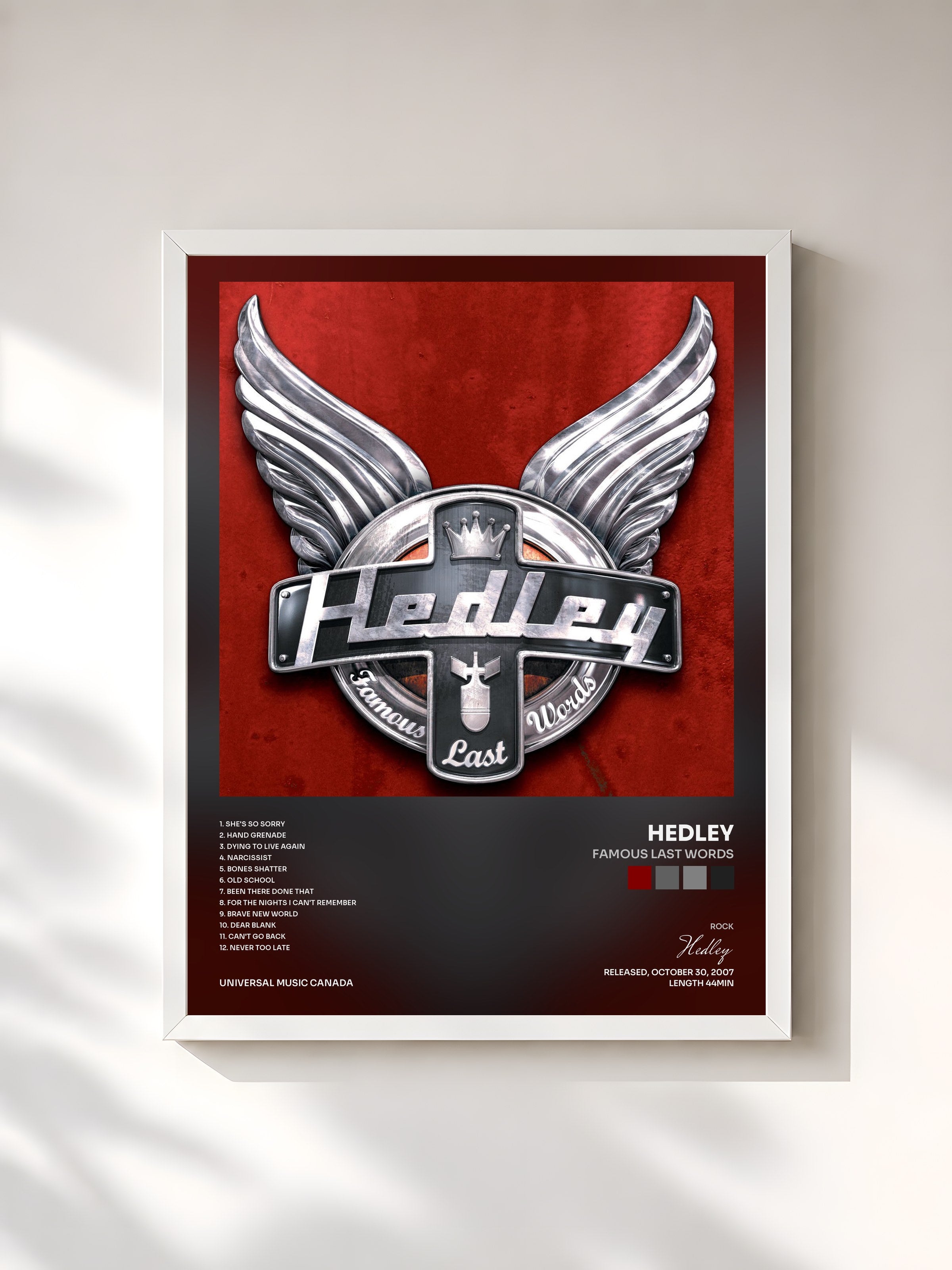 #blanc Tableau de l'album Famous Last Words de Hedley, cadre blanc, imprimé et encadré en France