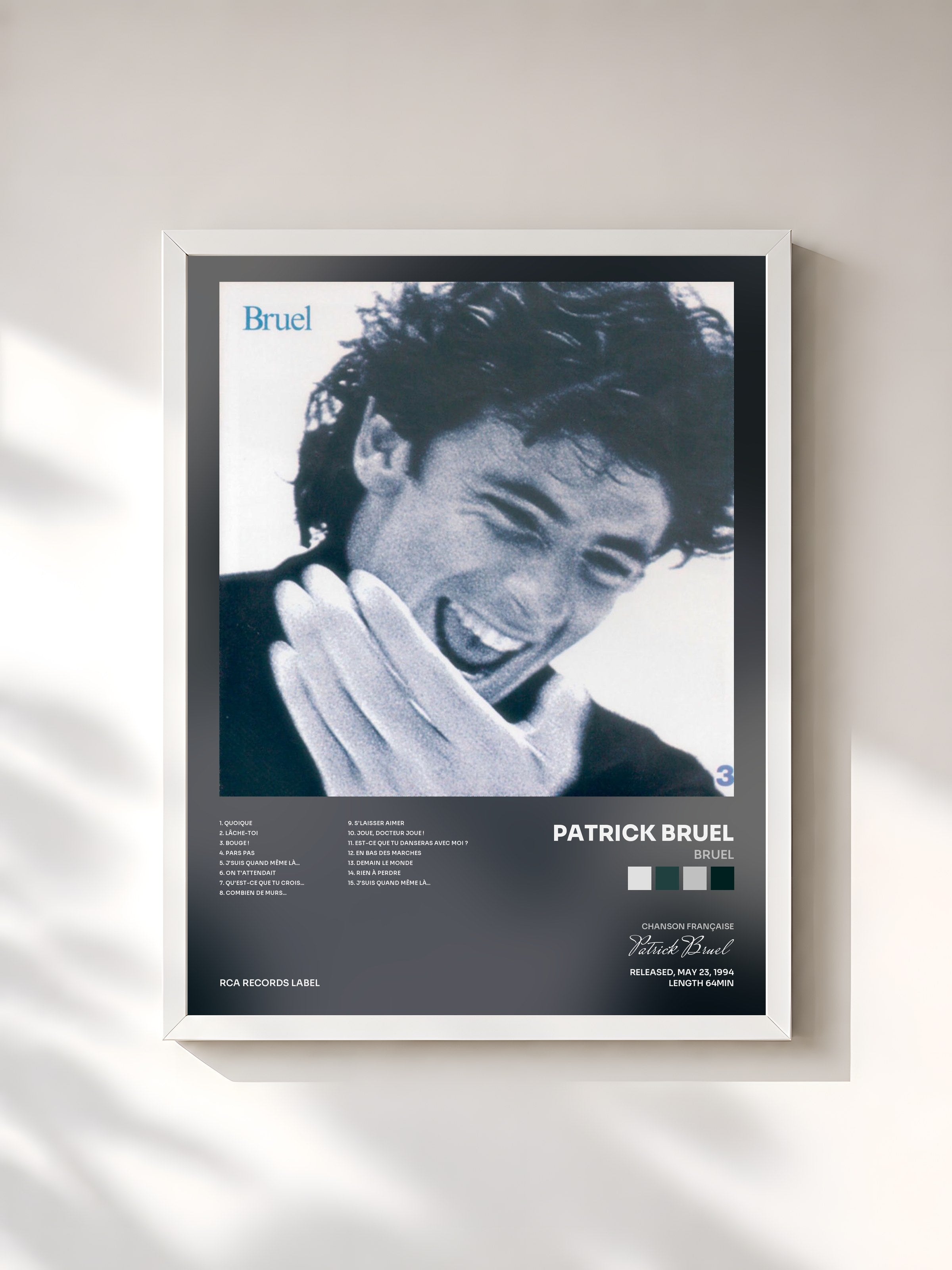 #blanc Tableau de l'album Bruel de Patrick Bruel, cadre blanc, imprimé et encadré en France