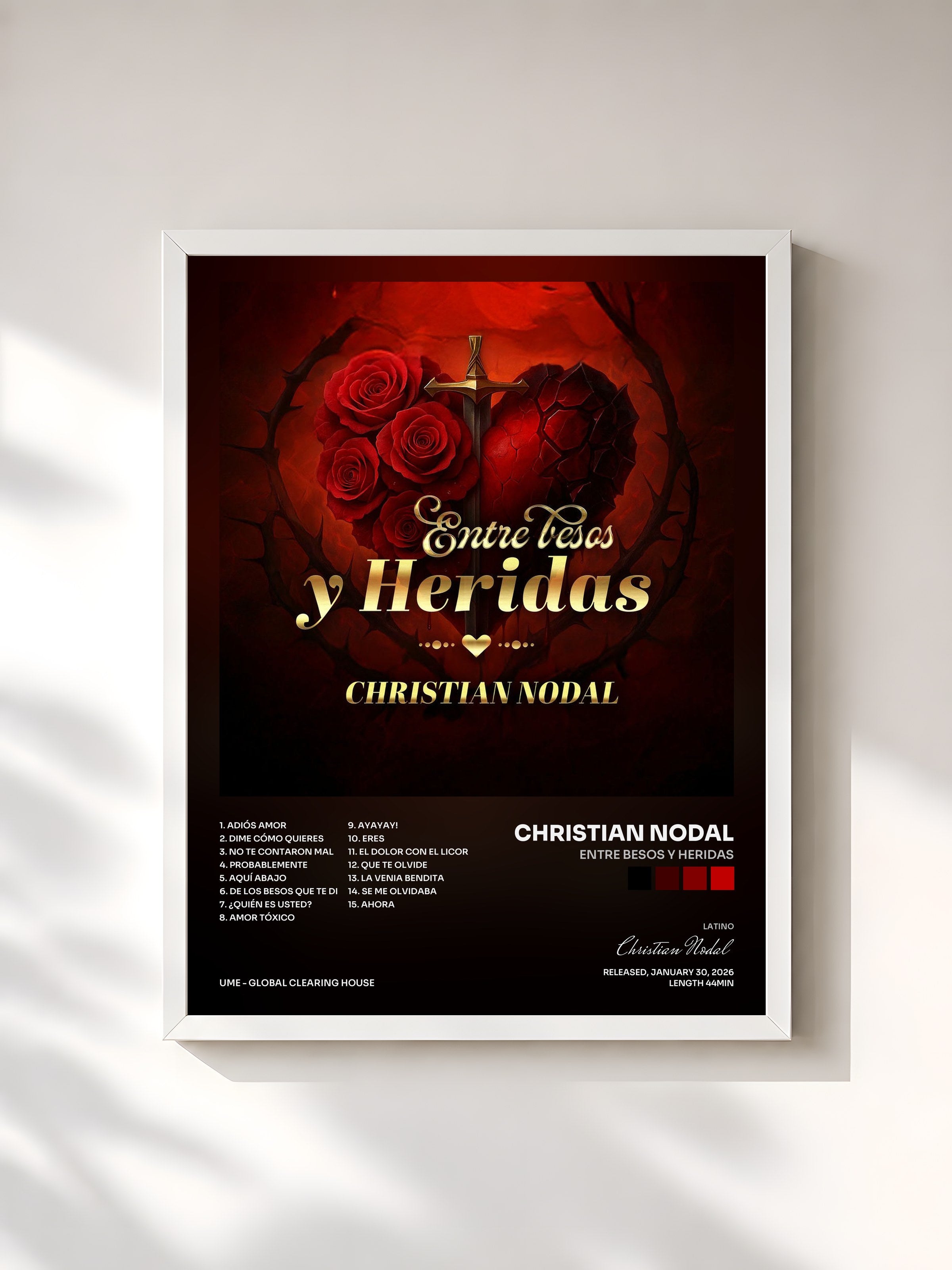 #blanc Tableau de l'album Entre Besos Y Heridas de Christian Nodal, cadre blanc, imprimé et encadré en France