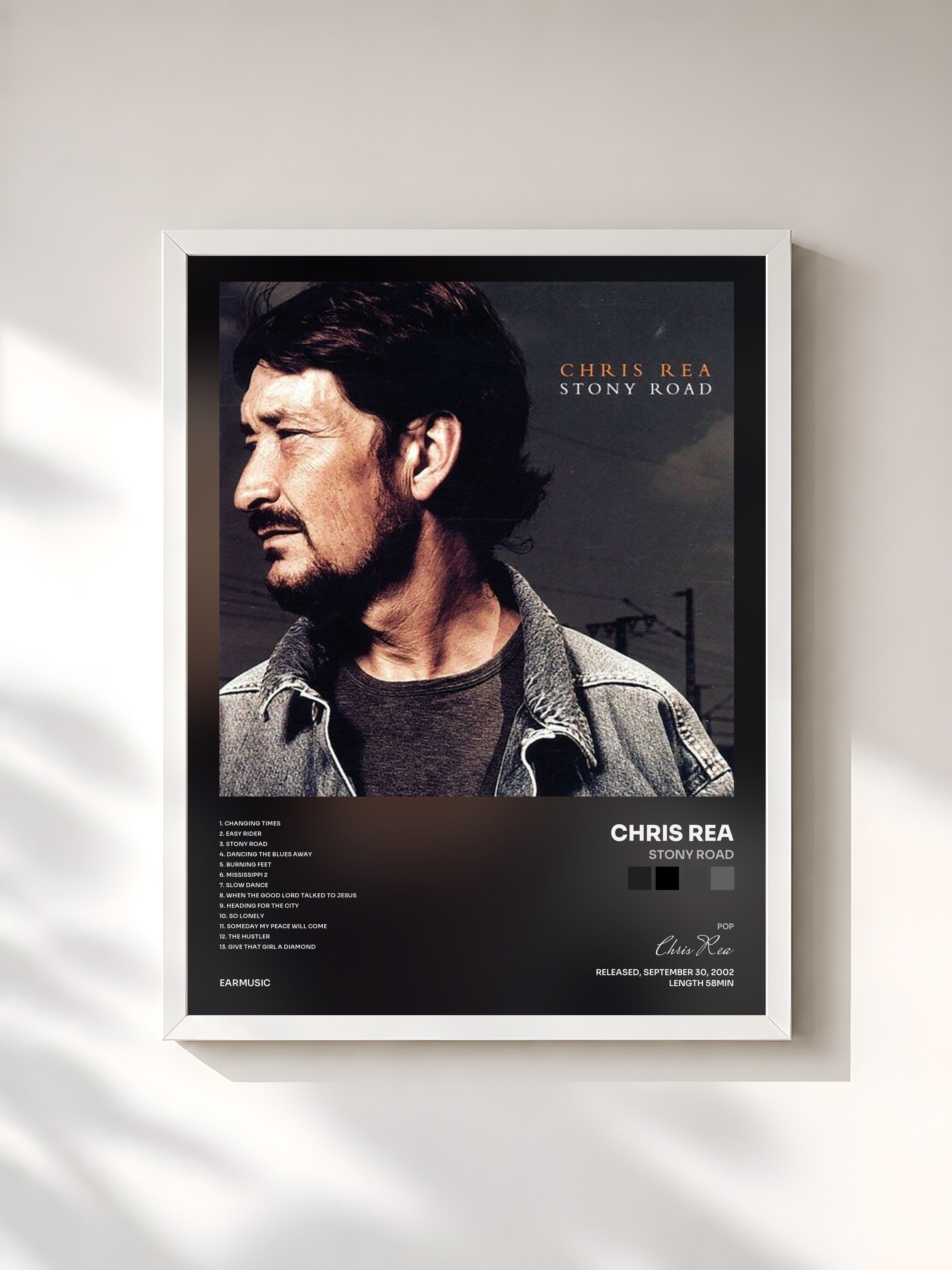 #blanc Tableau de l'album Stony Road de Chris Rea, cadre blanc, imprimé et encadré en France
