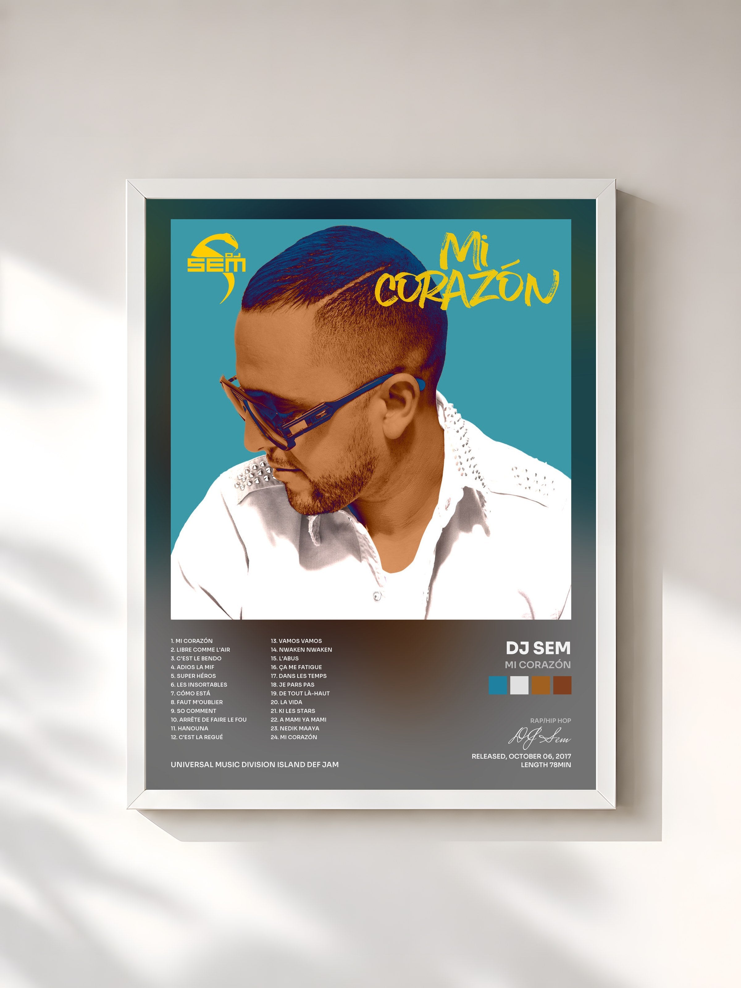 #blanc Tableau de l'album Mi Corazón de DJ Sem, cadre blanc, imprimé et encadré en France