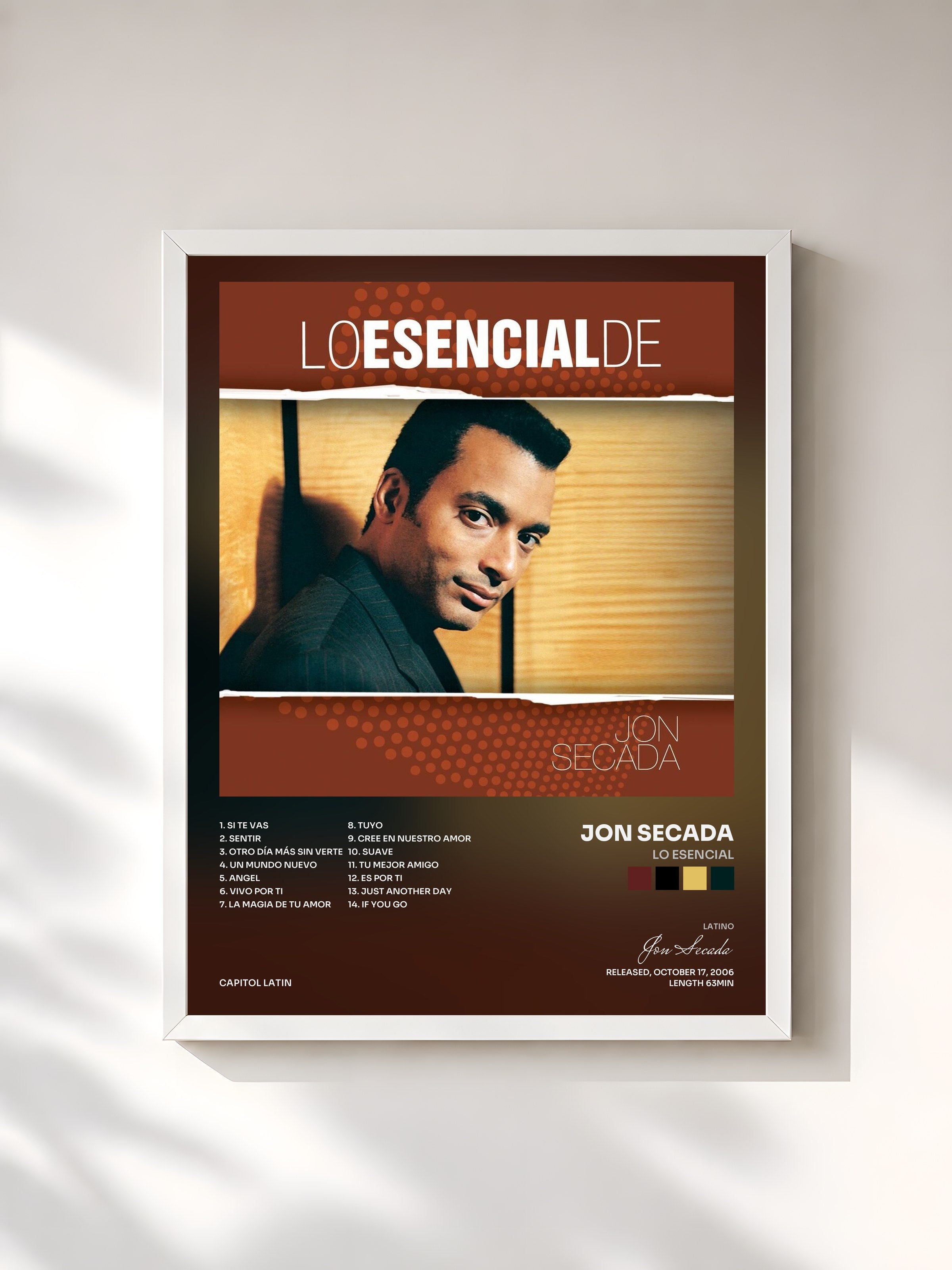 #blanc Tableau de l'album Lo Esencial de Jon Secada, cadre blanc, imprimé et encadré en France