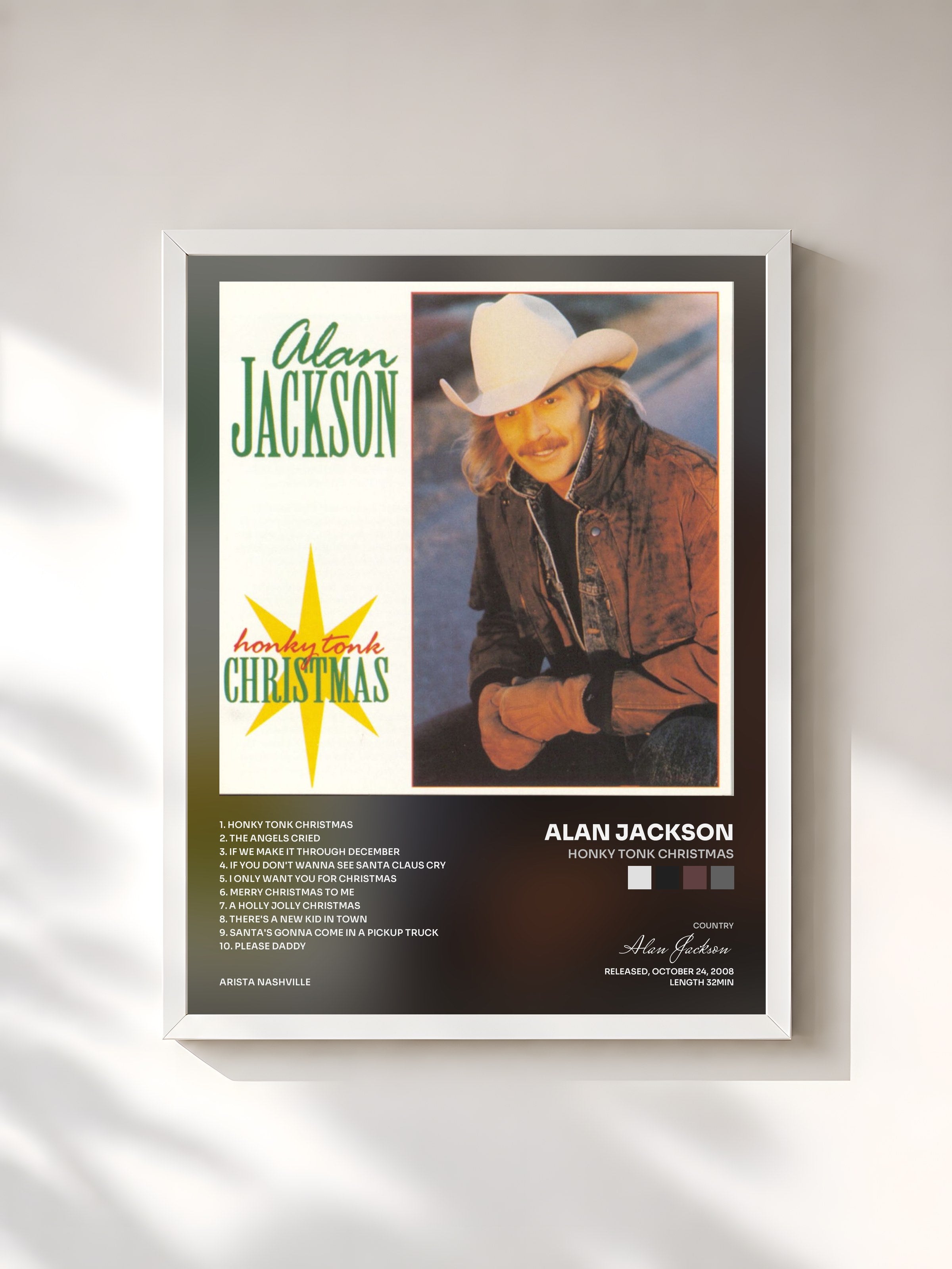 #blanc Tableau de l'album Honky Tonk Christmas de Alan Jackson, cadre blanc, imprimé et encadré en France