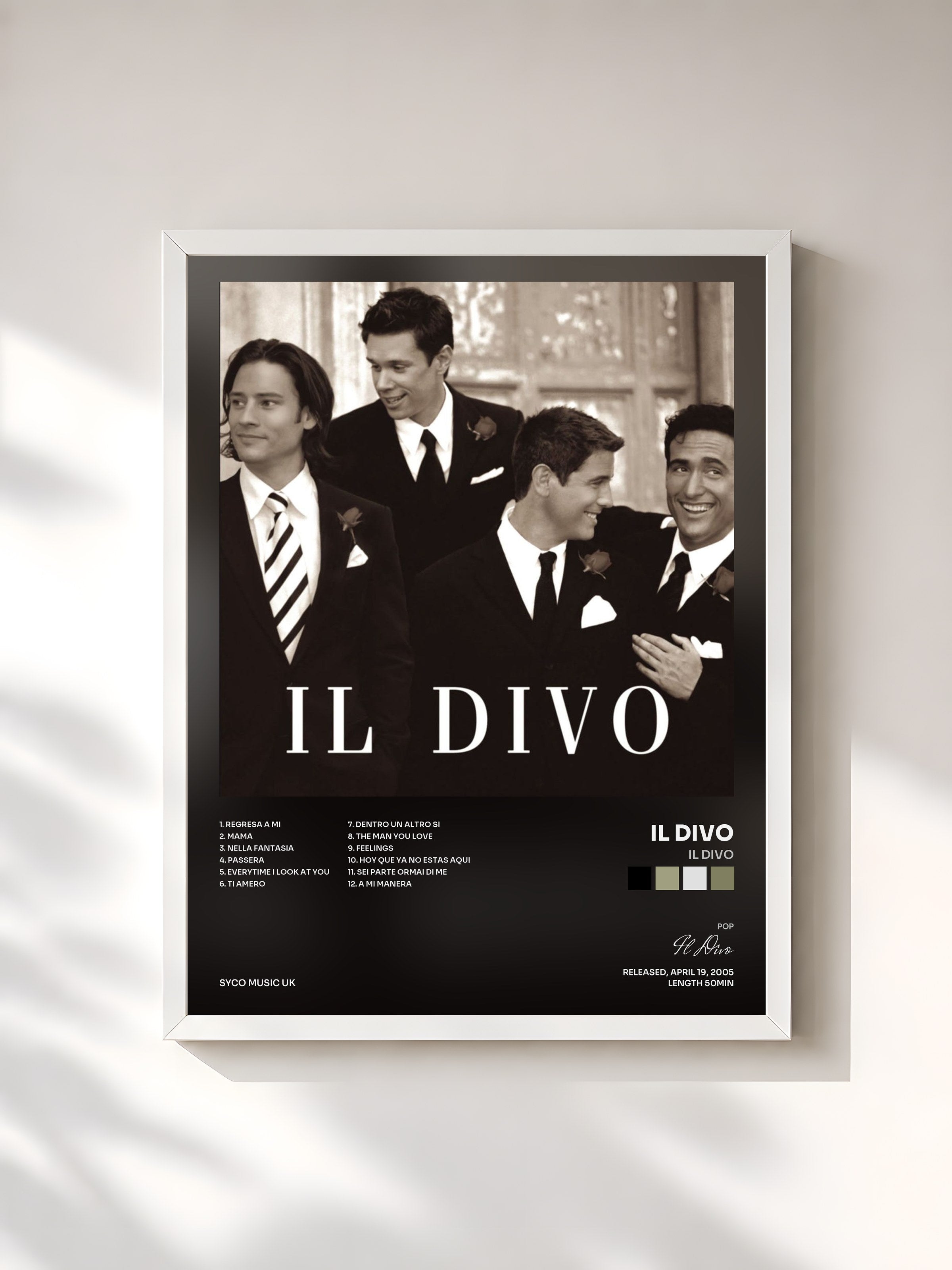 #blanc Tableau de l'album Il Divo de Il Divo, cadre blanc, imprimé et encadré en France