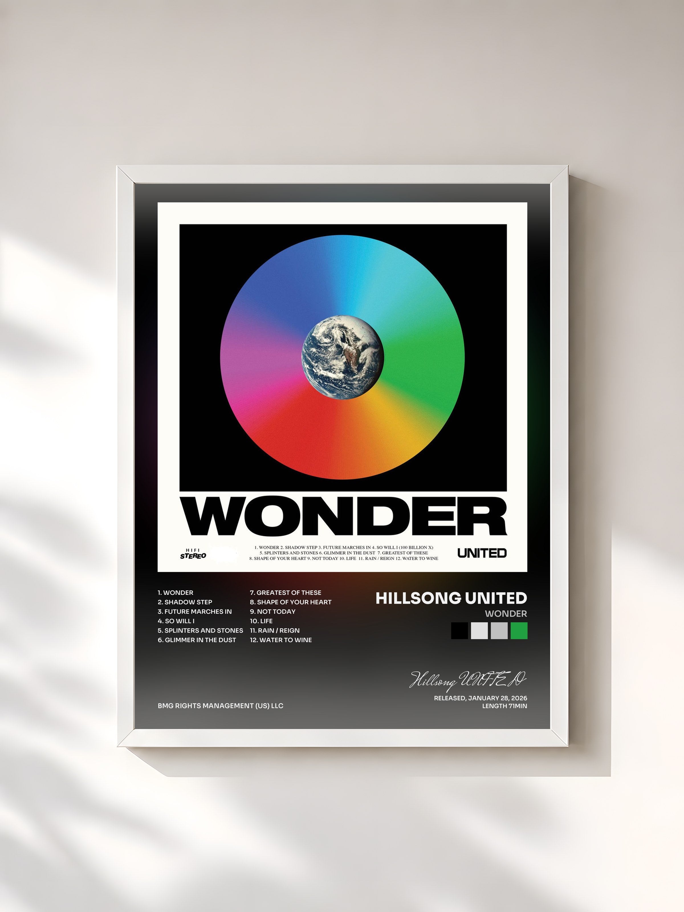 #blanc Tableau de l'album Wonder de Hillsong UNITED, cadre blanc, imprimé et encadré en France
