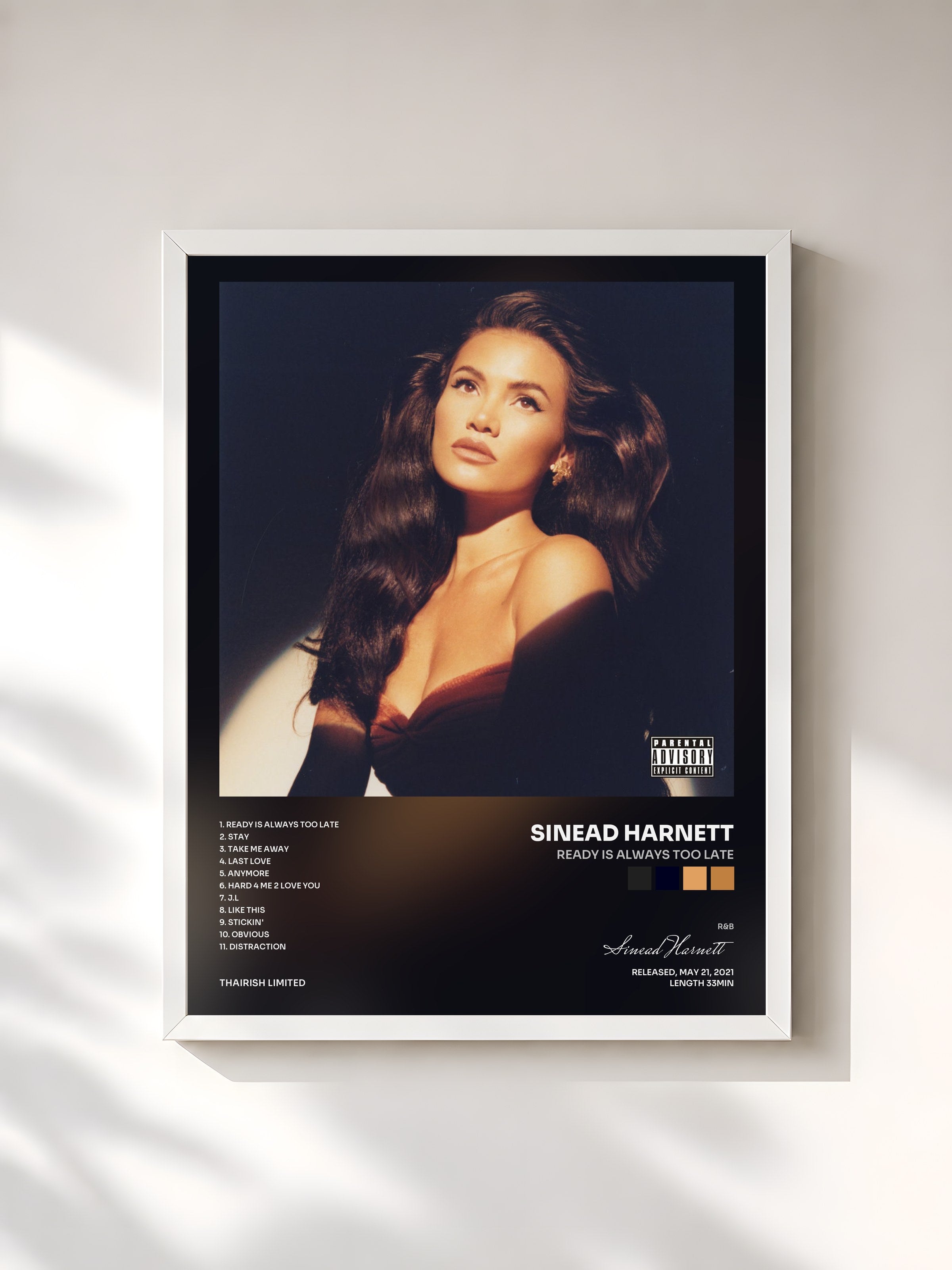 #blanc Tableau de l'album Ready is Always Too Late de Sinead Harnett, cadre blanc, imprimé et encadré en France
