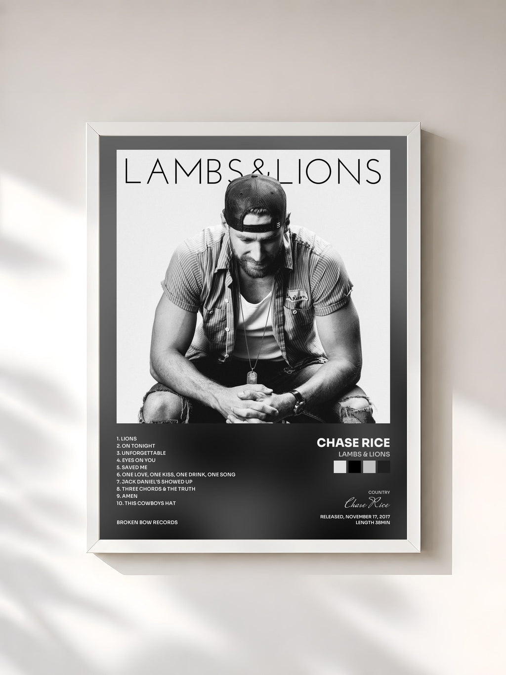 #blanc Lambs & Lions de Chase Rice en lámina enmarcada, marco blanco, impresa y enmarcada en Francia