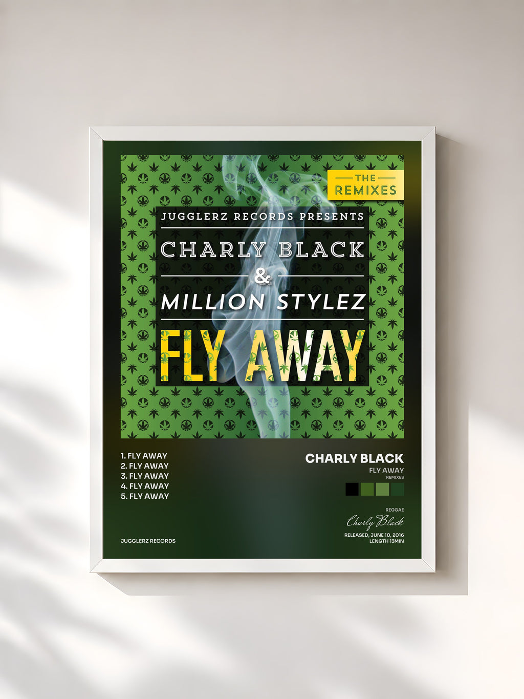 #blanc Tableau de l'album Fly Away (Remixes) de Charly Black, cadre blanc, imprimé et encadré en France