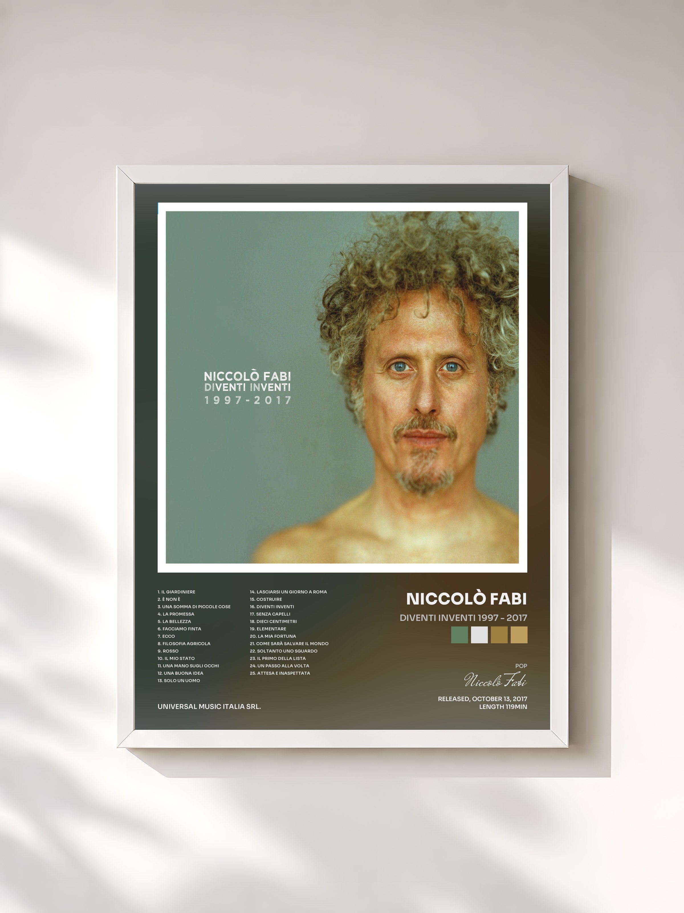 #blanc Tableau de l'album Diventi Inventi 1997 - 2017 de Niccolò Fabi, cadre blanc, imprimé et encadré en France