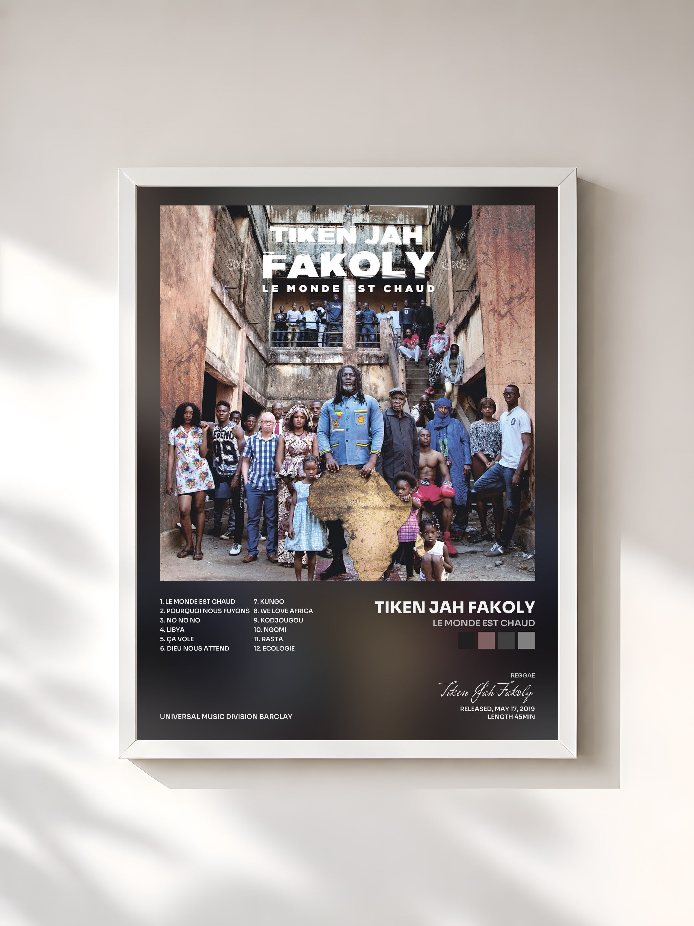 #blanc Tableau de l'album Le monde est chaud de Tiken Jah Fakoly, cadre blanc, imprimé et encadré en France