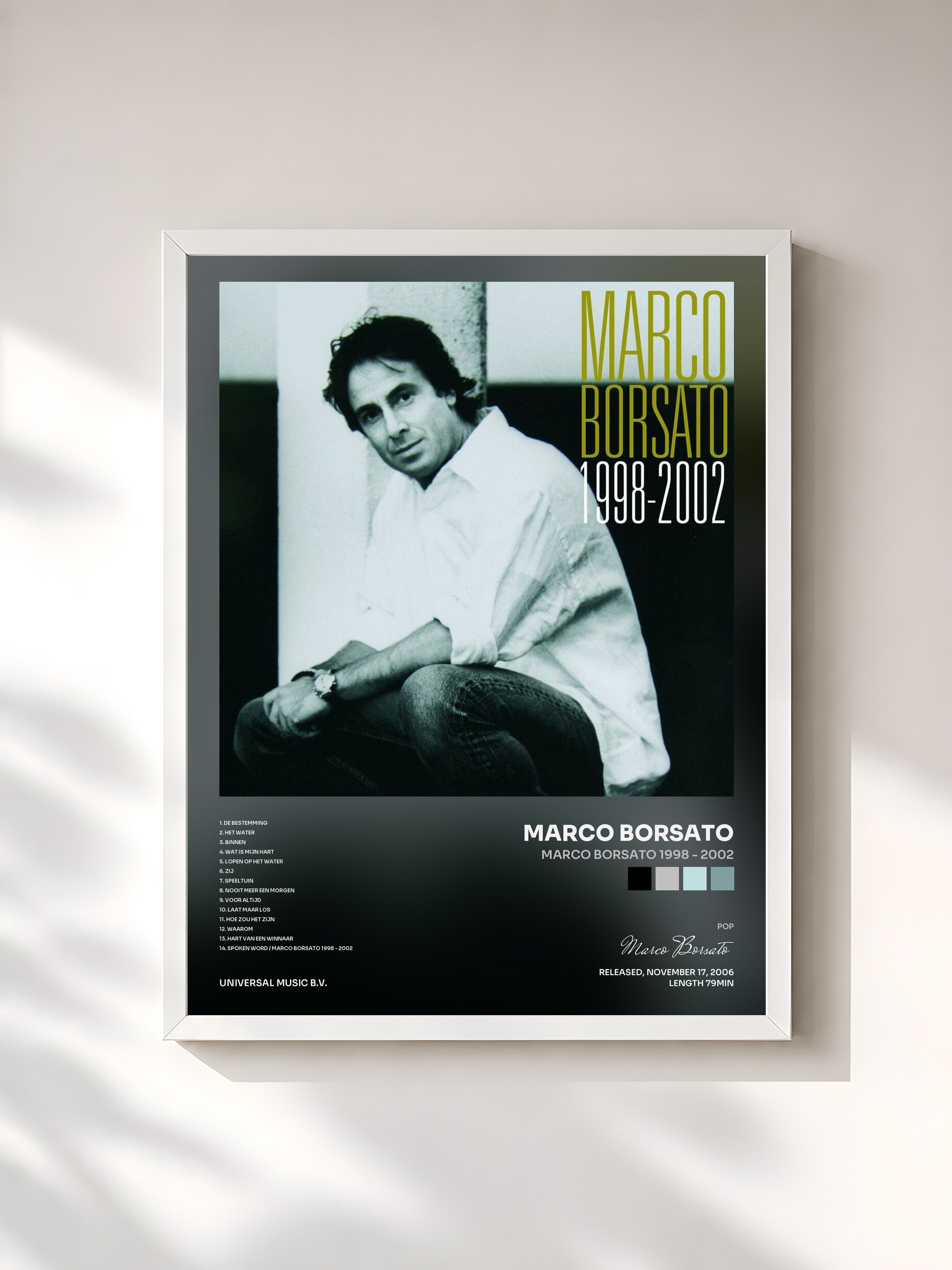 #blanc Tableau de l'album Marco Borsato 1998 - 2002 de Marco Borsato, cadre blanc, imprimé et encadré en France