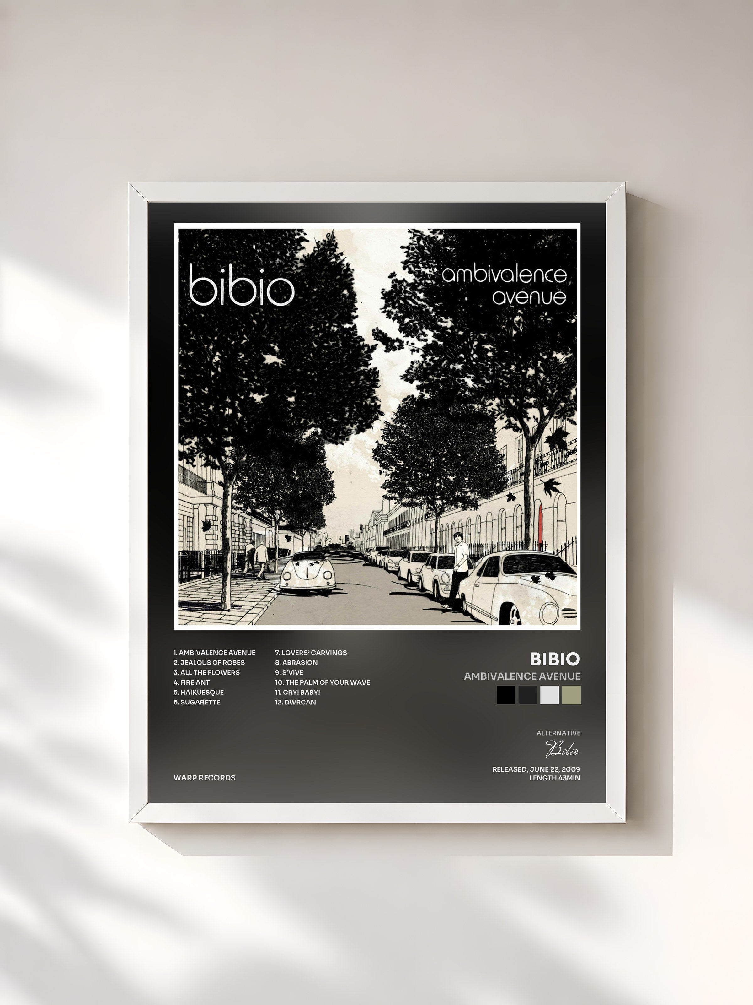#blanc Tableau de l'album Ambivalence Avenue de Bibio, cadre blanc, imprimé et encadré en France