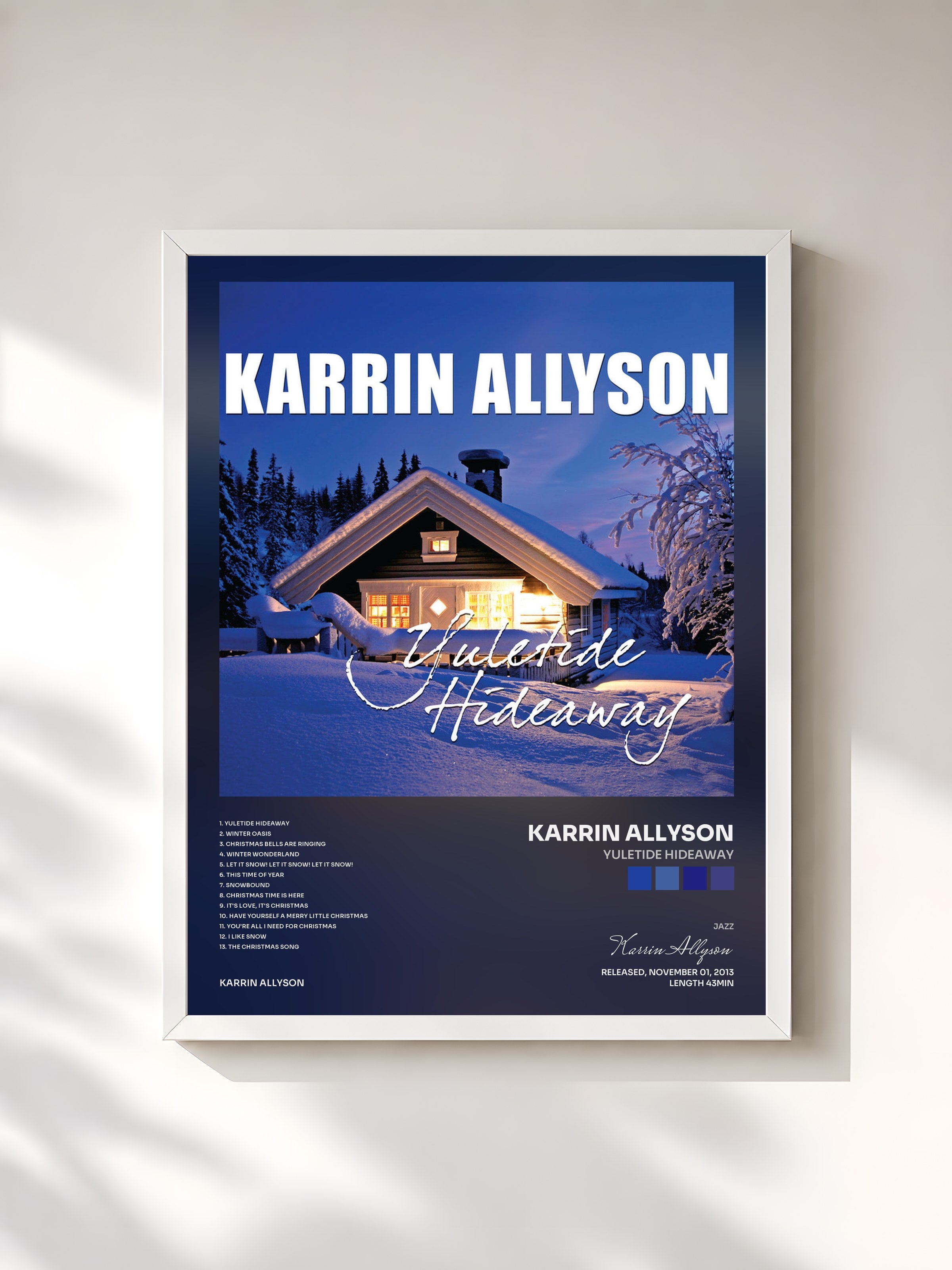 #blanc Tableau de l'album Yuletide Hideaway de Karrin Allyson, cadre blanc, imprimé et encadré en France