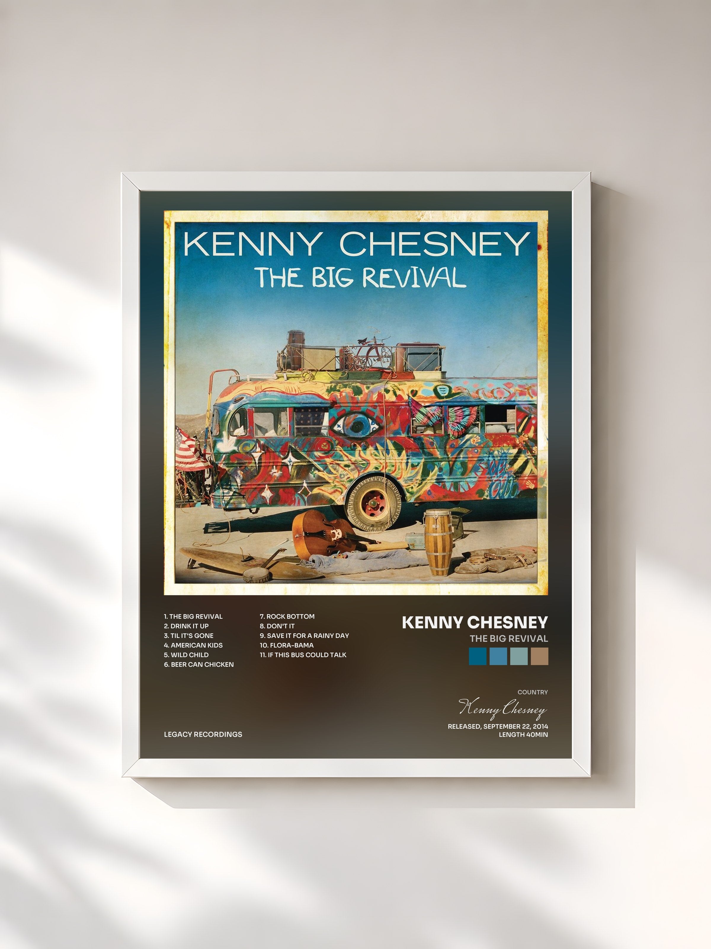 #blanc Tableau de l'album The Big Revival de Kenny Chesney, cadre blanc, imprimé et encadré en France