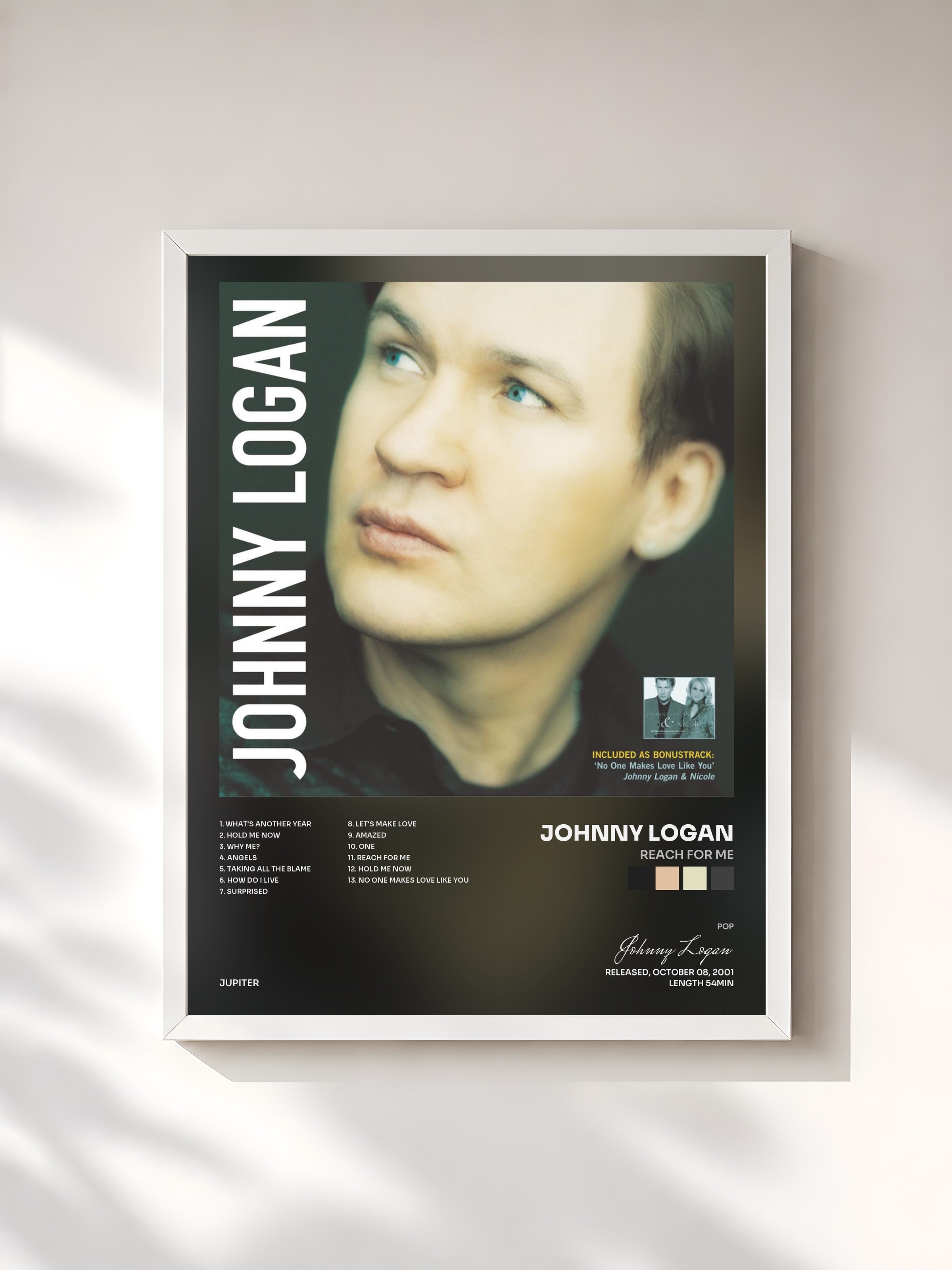 #blanc Tableau de l'album Reach For Me de Johnny Logan, cadre blanc, imprimé et encadré en France