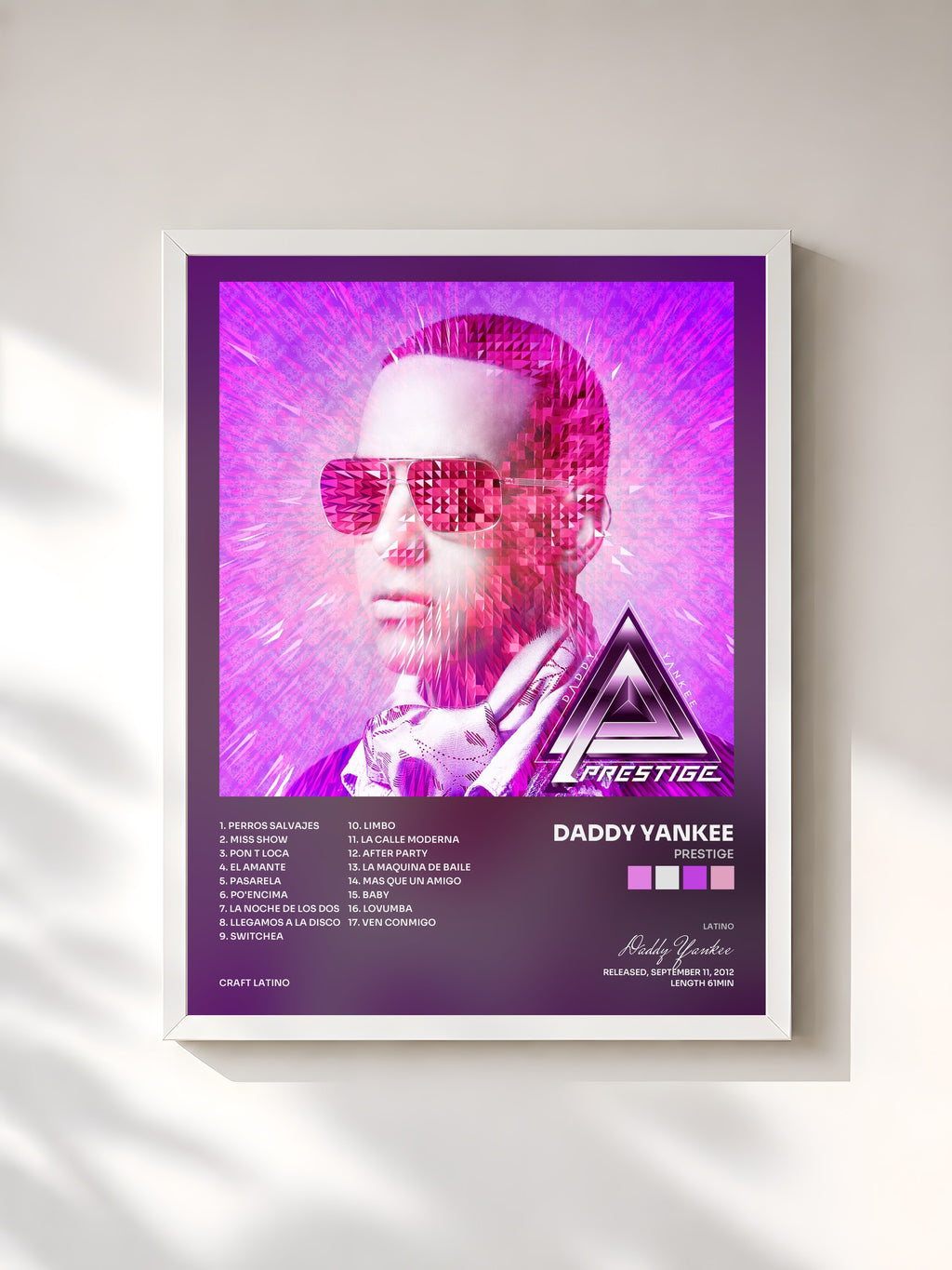 #blanc Tableau de l'album Prestige de Daddy Yankee, cadre blanc, imprimé et encadré en France