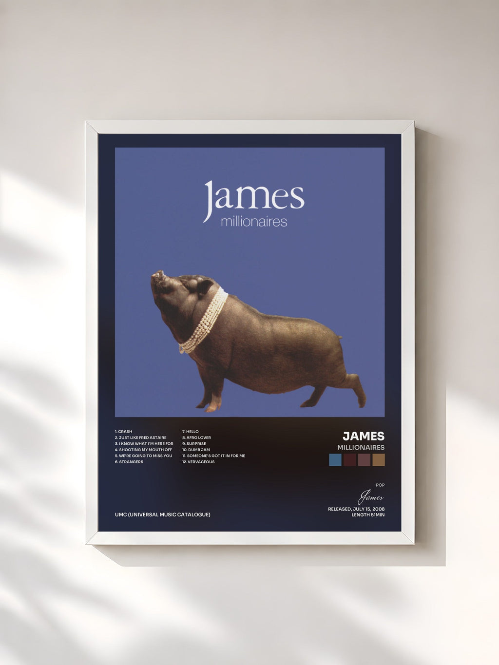 #blanc Tableau de l'album Millionaires de James, cadre blanc, imprimé et encadré en France
