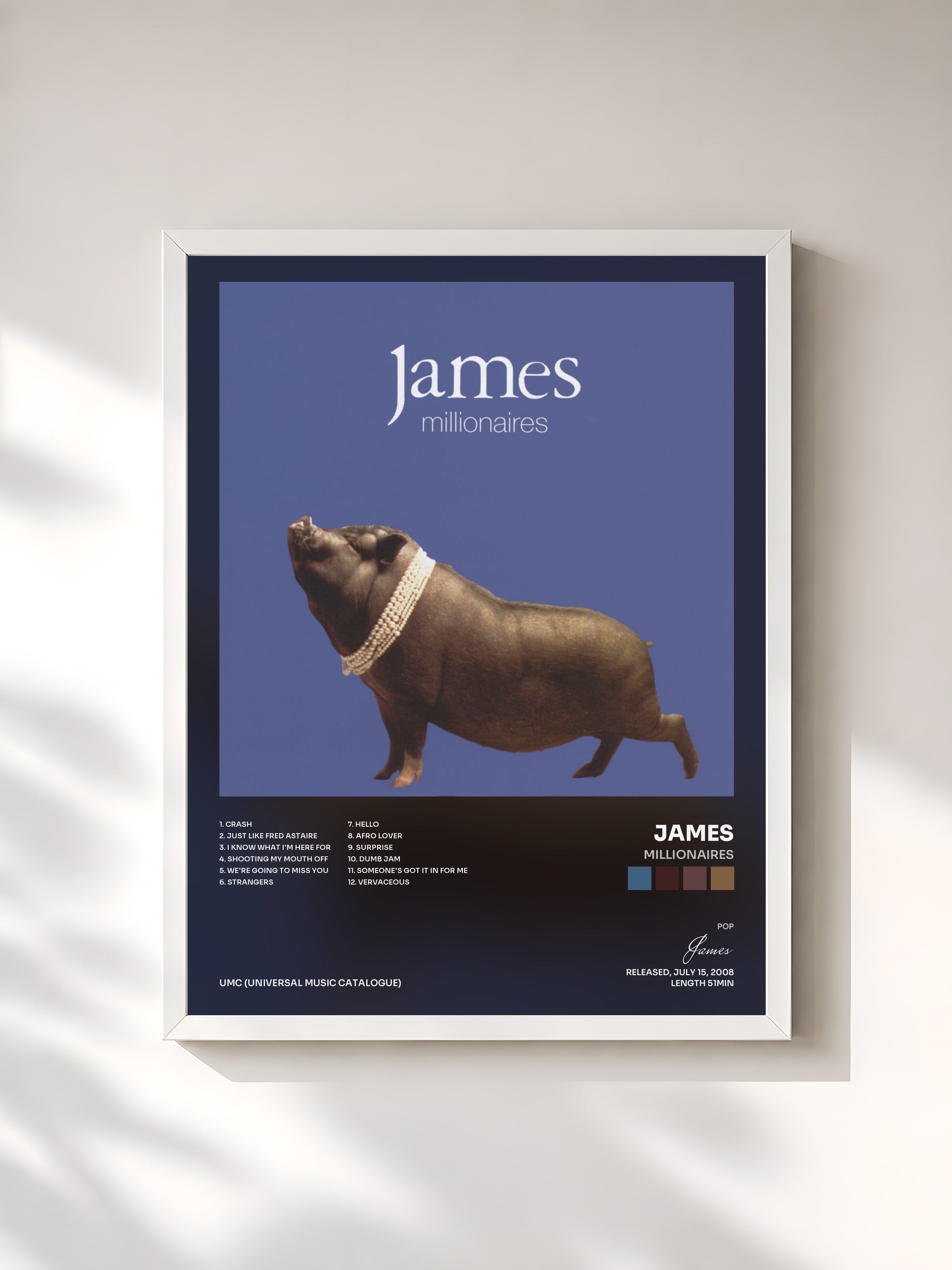 #blanc Tableau de l'album Millionaires de James, cadre blanc, imprimé et encadré en France